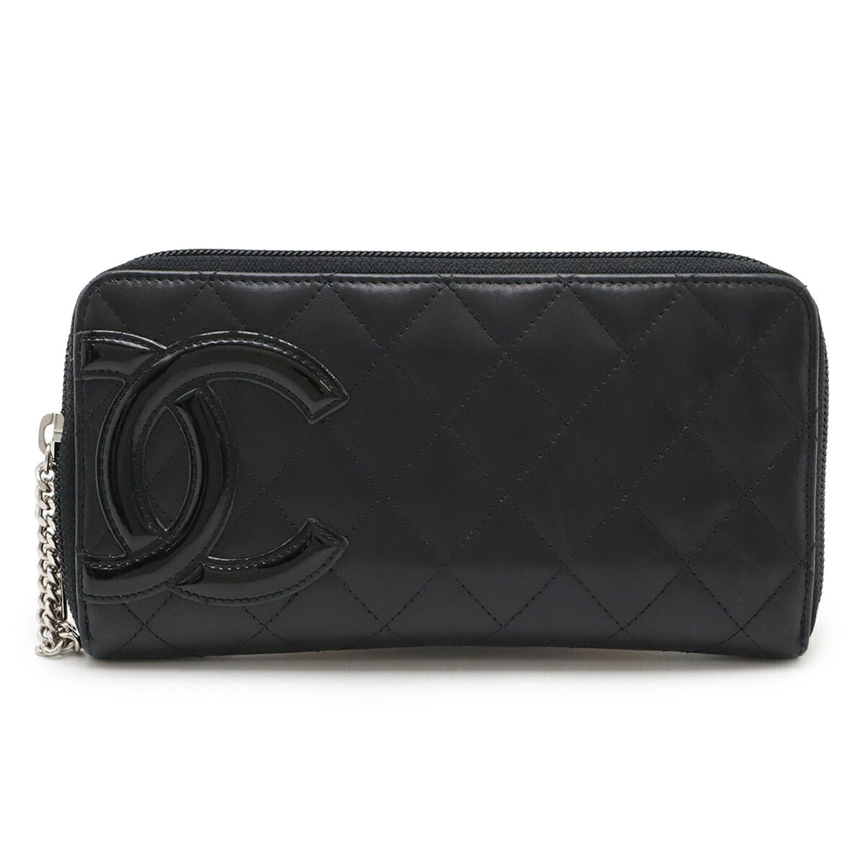 CHANEL Cambon Line Coco Mark Round Long Wallet Soft Calf Leather Patent Black Pink