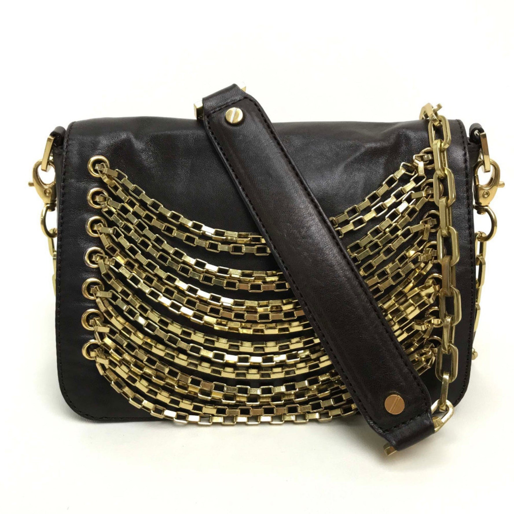 Tory Burch bag pouch stacking design chain pochette shoulder leather dark brown