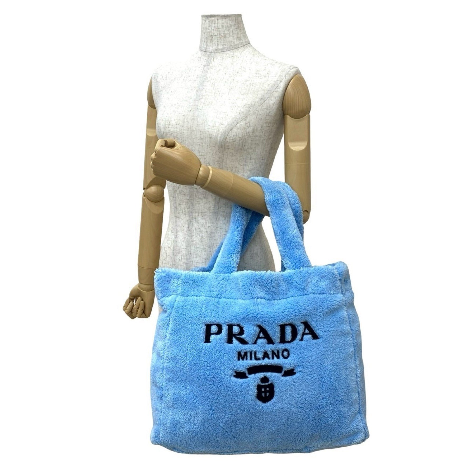 PRADA Terry Tote Bag with Triangle Logo and Metal Hardware, Pile Towel Bag, Handbag, Size, Light
