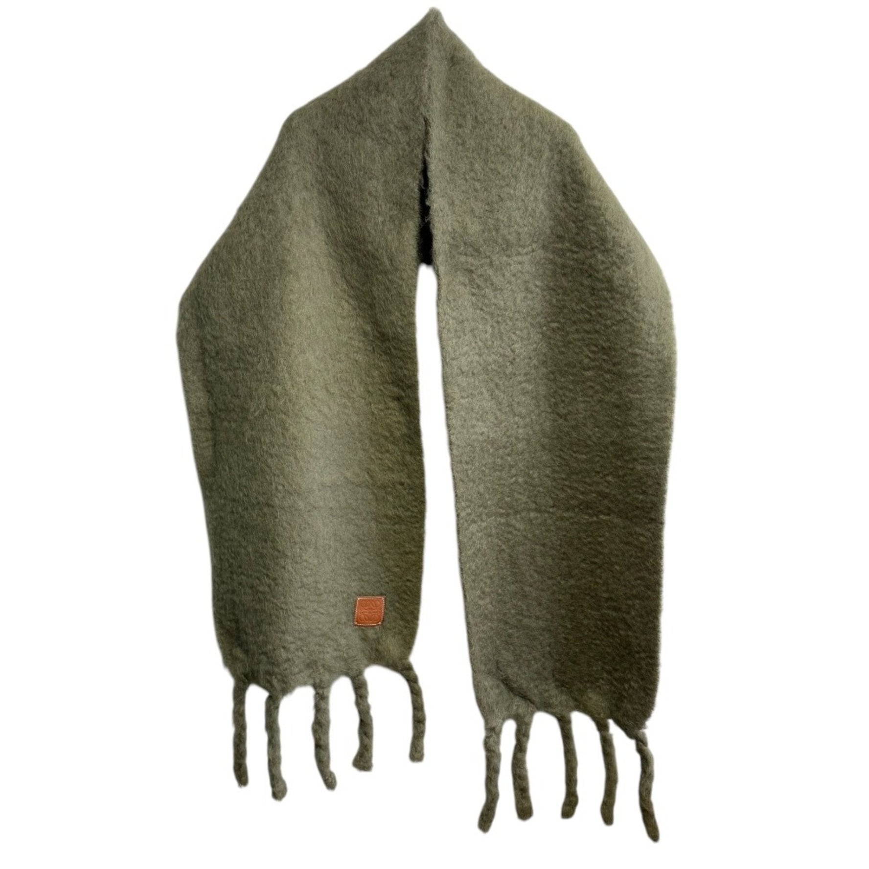 LOEWE Anagram Leather Patch Mohair Wool Blend Fringe Long Shaggy Scarf Men's