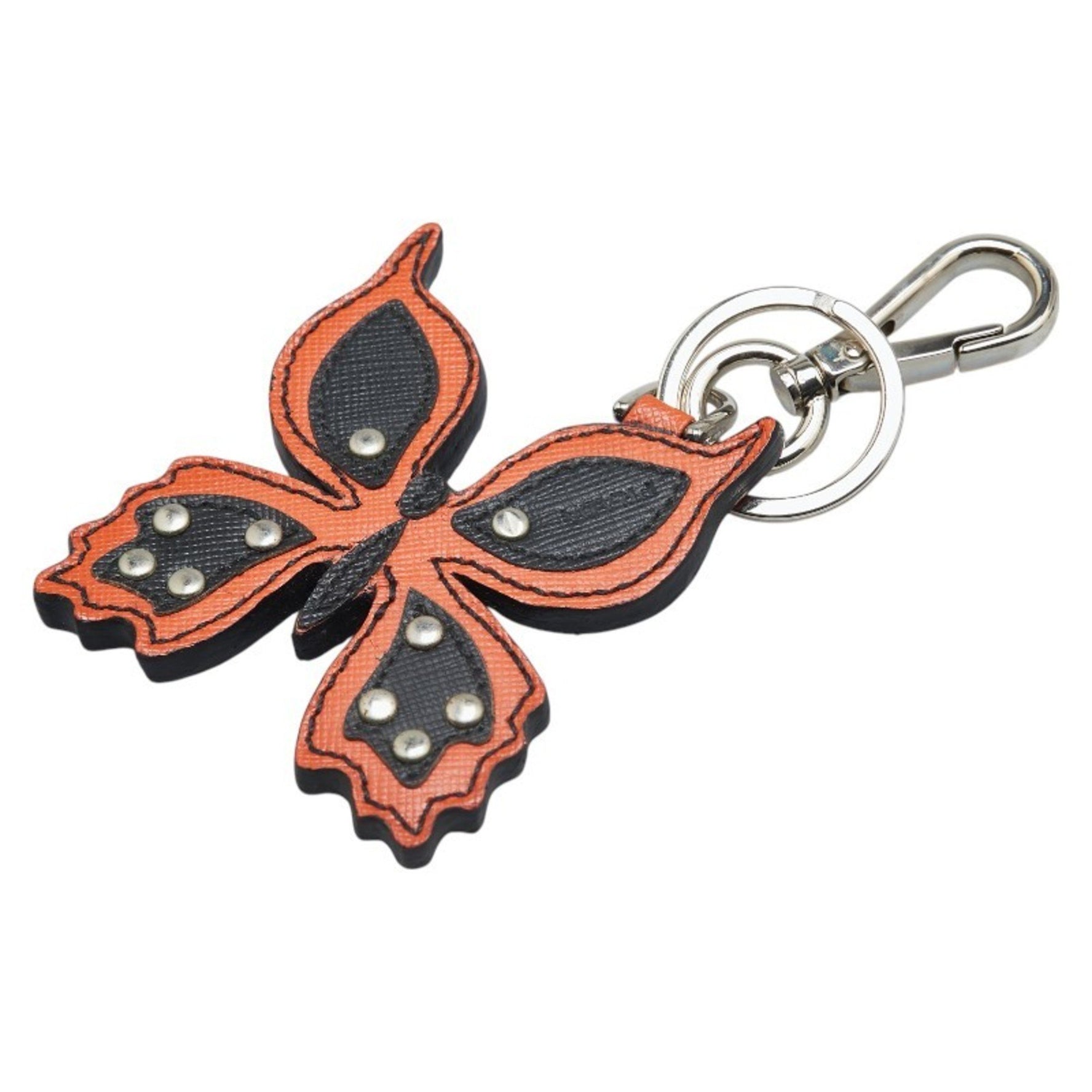 Prada Butterfly Motif Keychain Key Ring in Orange, Black, Silver, Leather and Metal