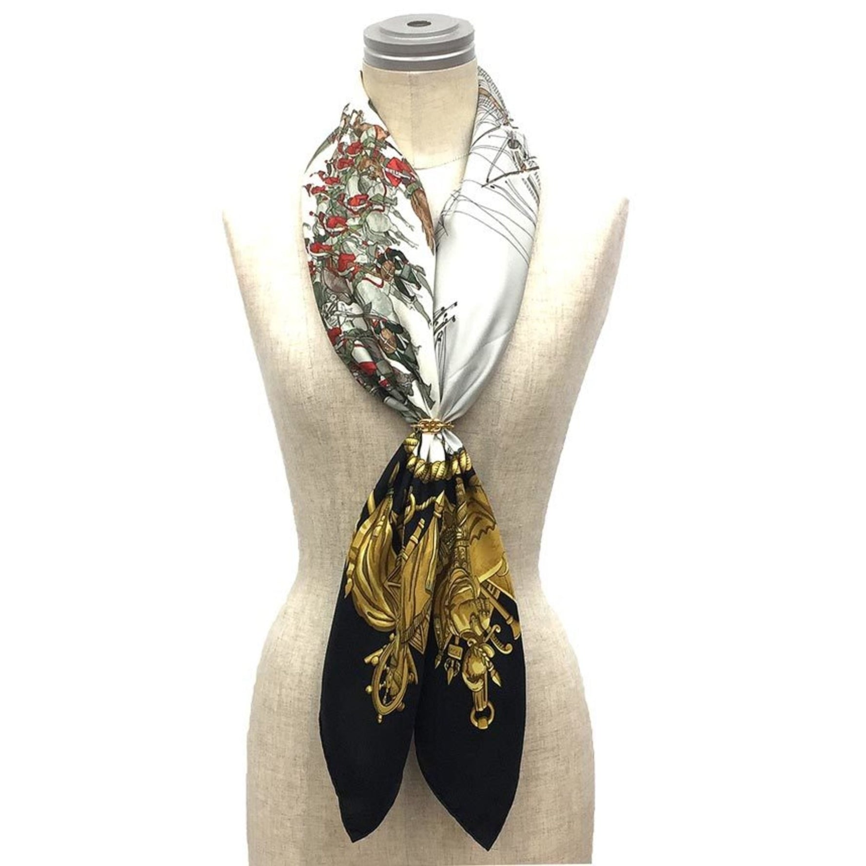 HERMES Scarf Muffler Carre 90 MARINE ET CAVALERIE 100% Silk