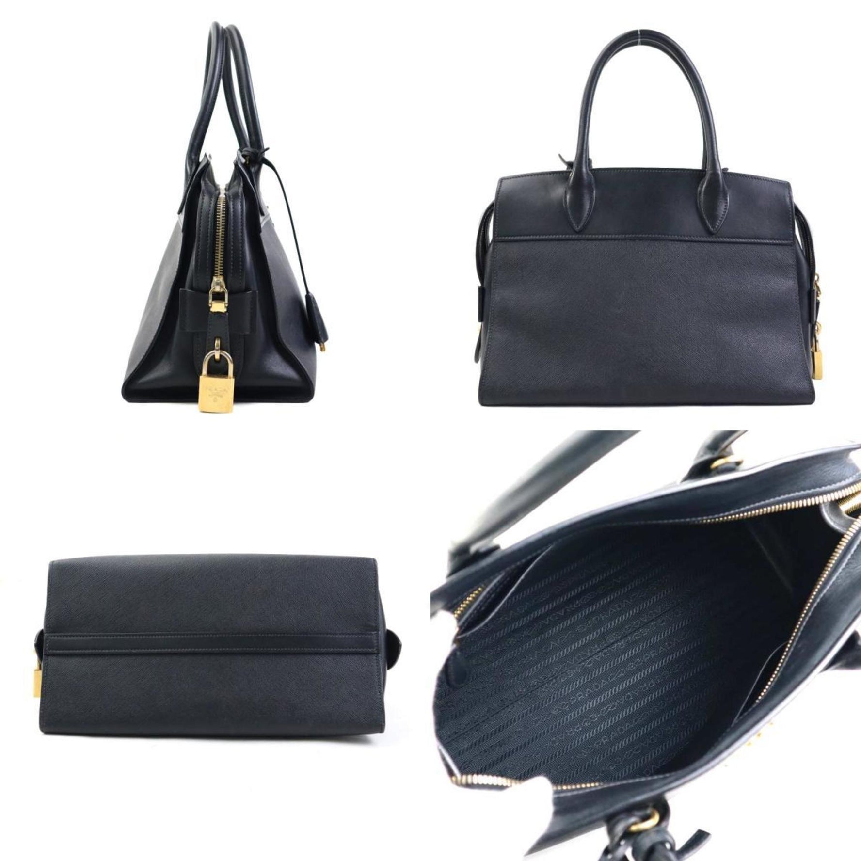 PRADA handbag shoulder bag leather black gold ladies e59914a