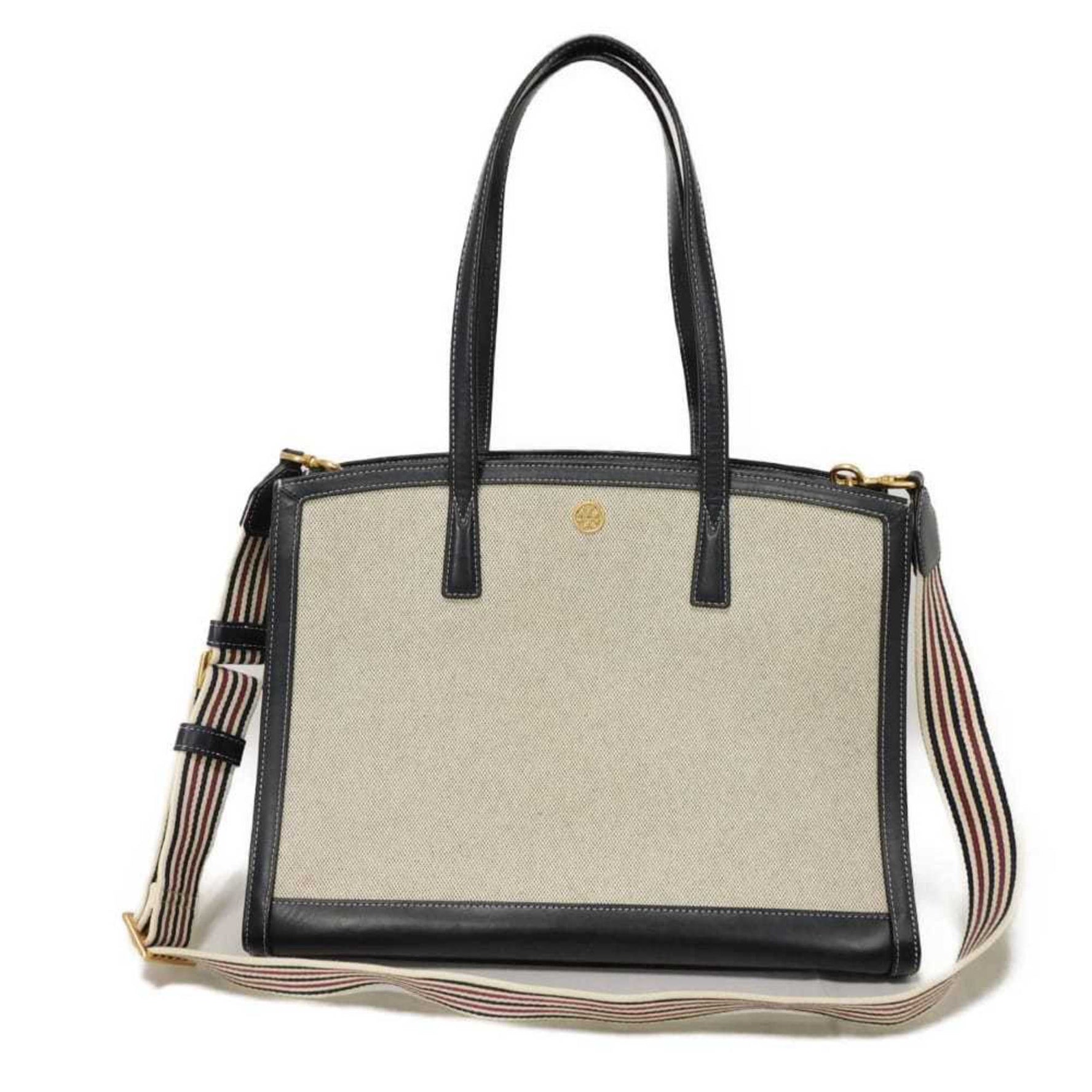 Tory Burch Walker Large Canvas Satchel Tote Bag in Navy Calfskin with Double T Natural Shoulder