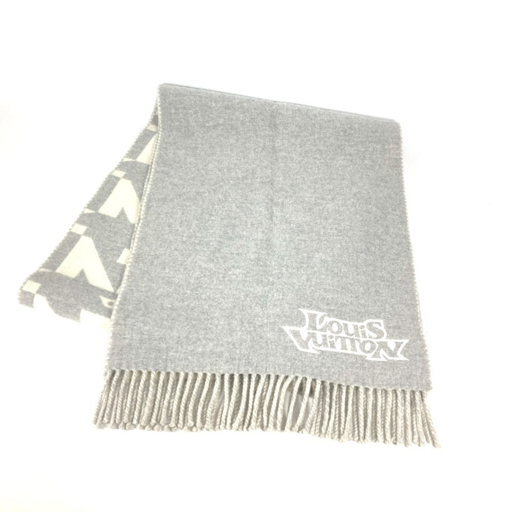 Louis Vuitton Fringe Scarf LV Dove Logo Wool Cashmere Men's Grey