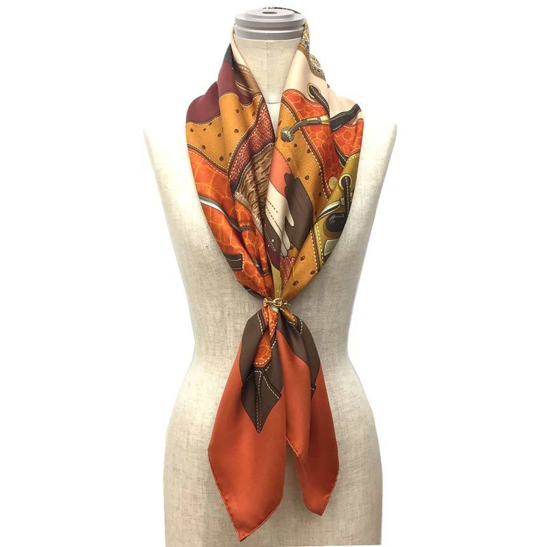 HERMES Carre 90 Scarf Muffler TOUT CUIR All leather Horse tack Gloves Bag Orange x Brown 100% silk
