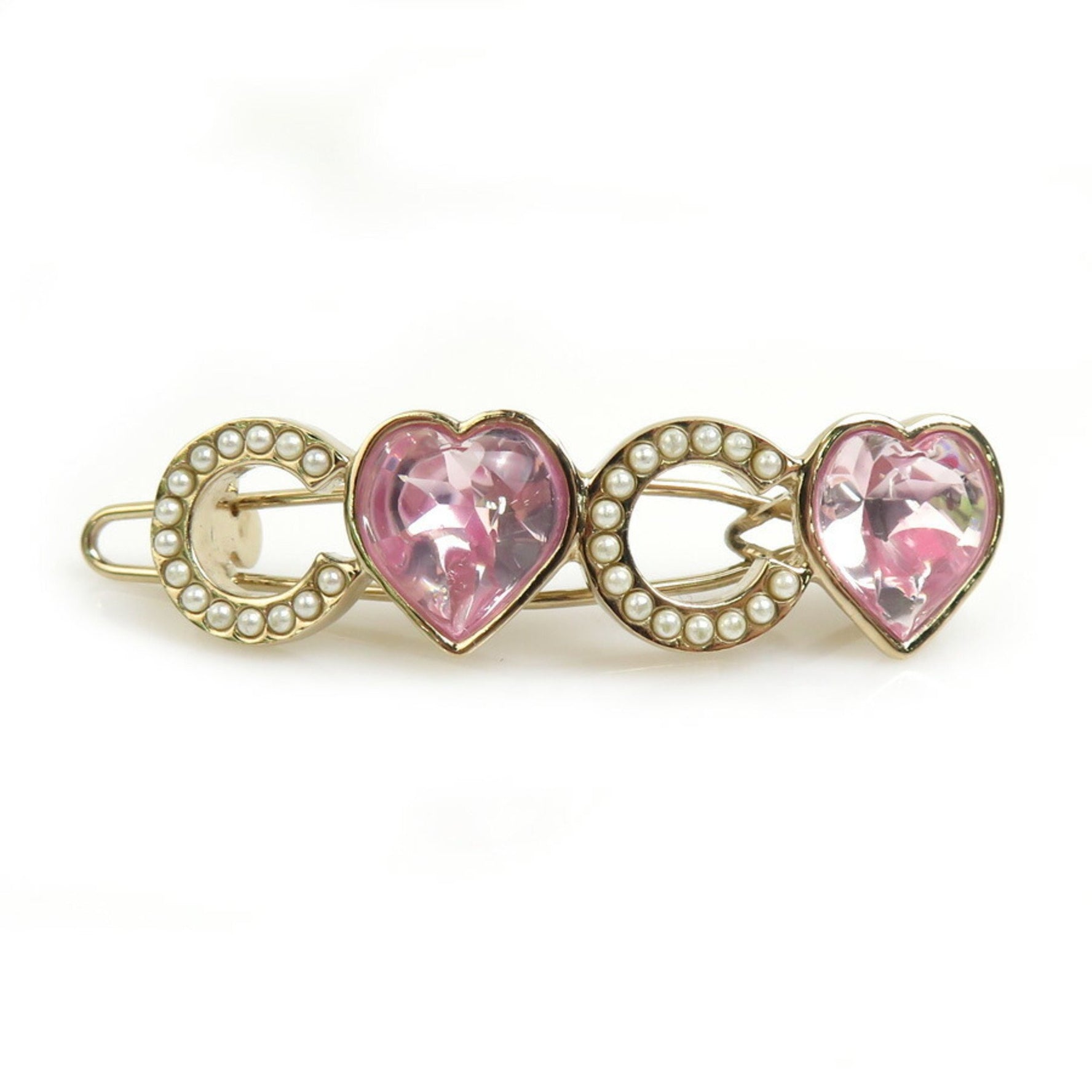 CHANEL Hair Clip Metal Rhinestone Faux Pearl Gold Pink Off-White