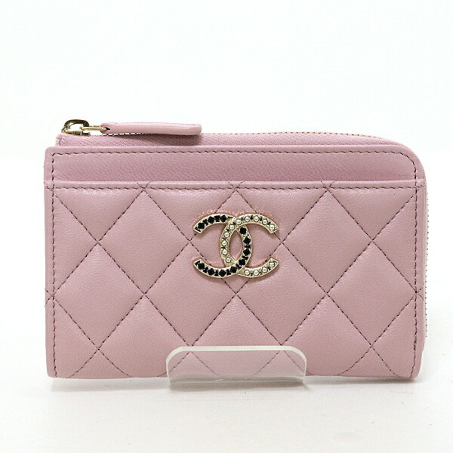 CHANEL Zip Card Case Coin Lambskin Light Unused