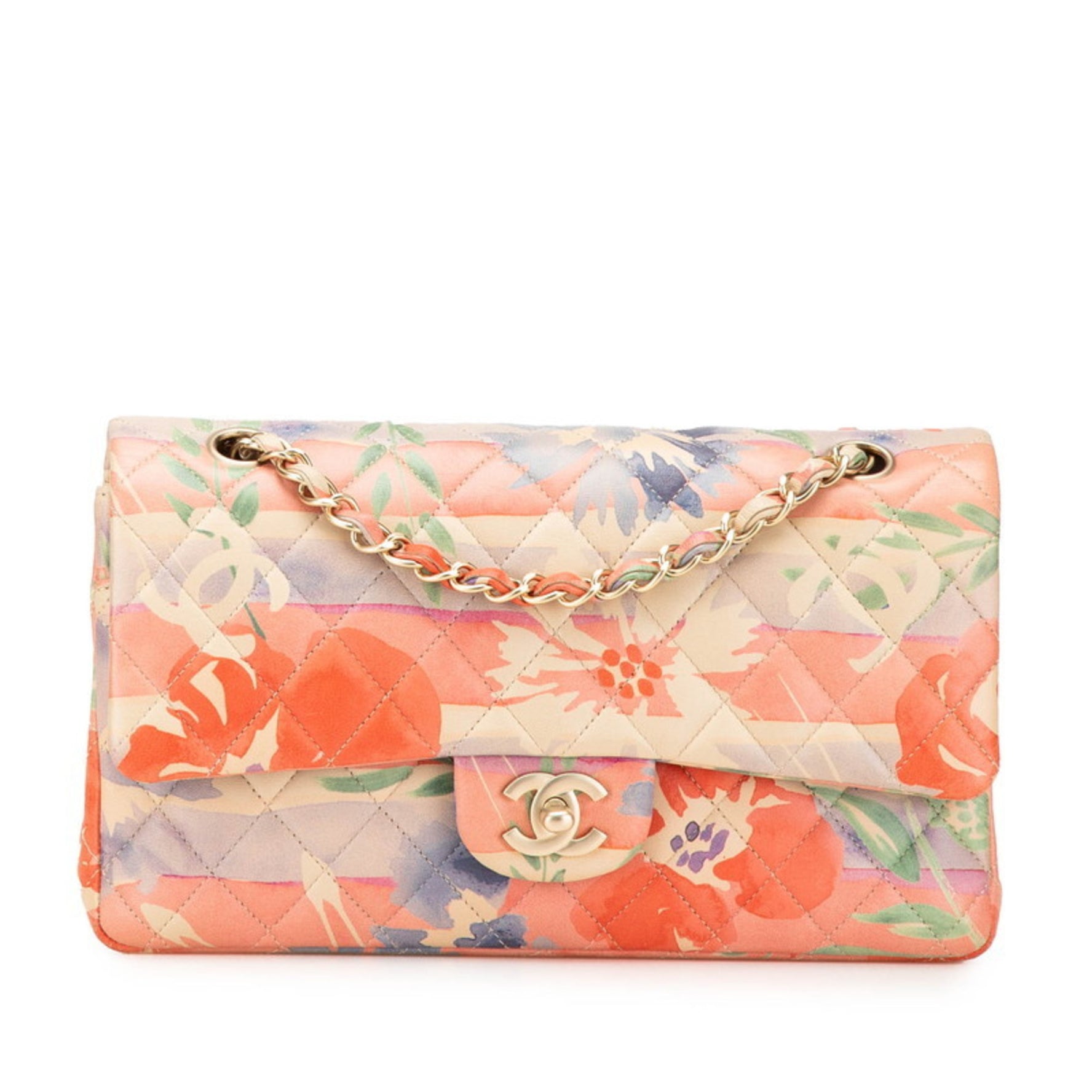 CHANEL Matelasse 25 Double Flap Coco Mark Flower Chain Shoulder Bag in Pink Multicolored Lambskin