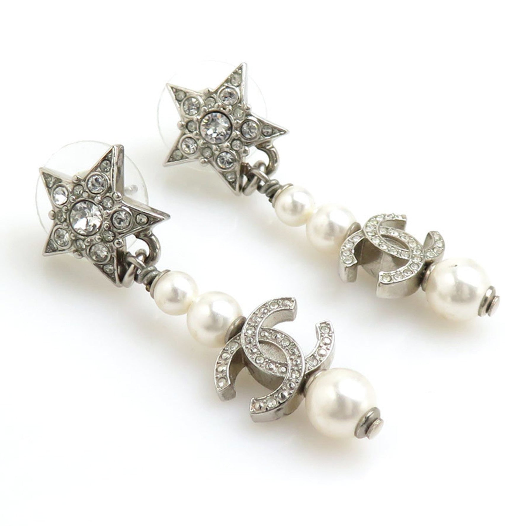 CHANEL Earrings, Metal, Faux Pearl, Silver x White