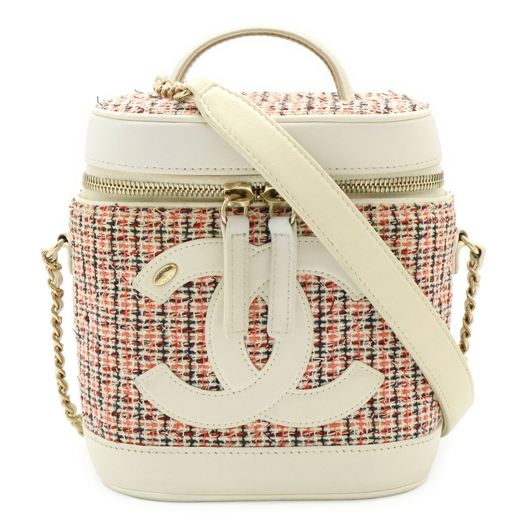 CHANEL Cruise Line Coco Mark Vanity Case/Vanity Bag/Handbag/Chain Shoulder Bag in Tweed and White