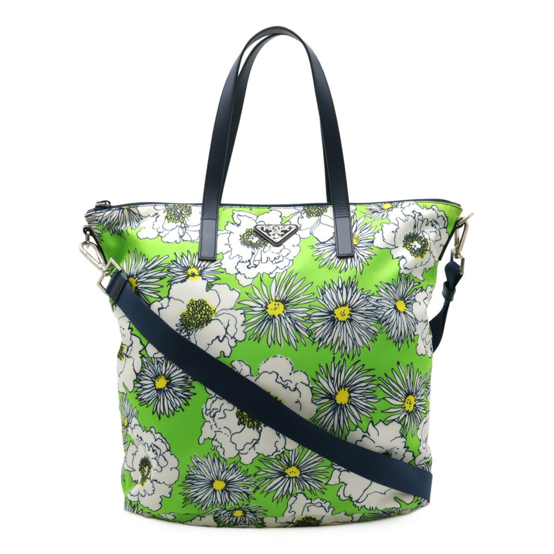 PRADA Tote Bag Shoulder Flower Print Nylon Leather PRATO Green White