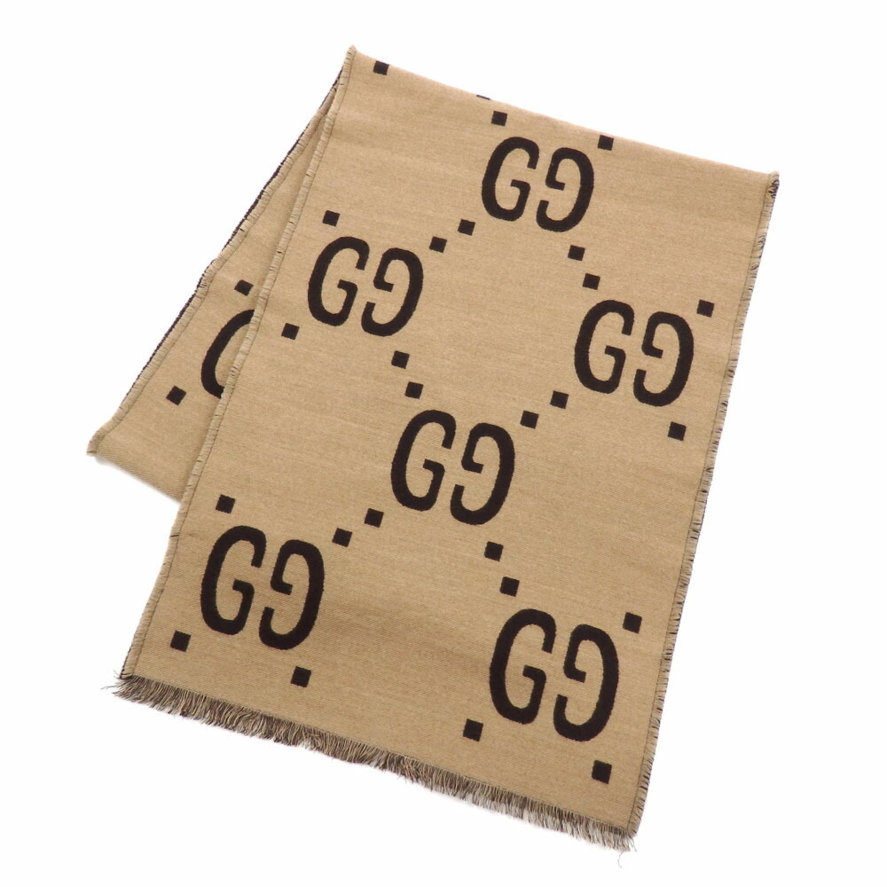 Gucci GG Jacquard Wool and Silk Scarf/Muffler Beige Brown