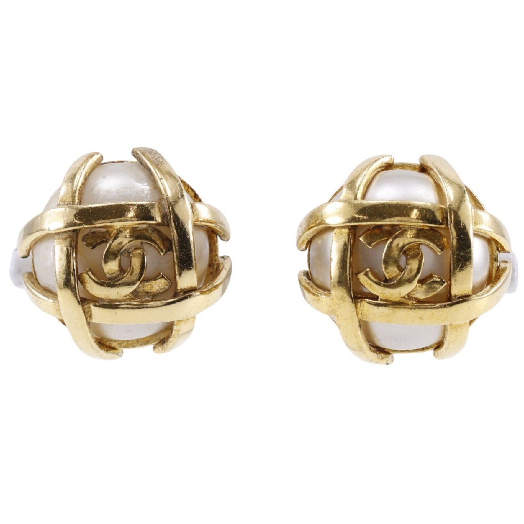 CHANEL COCO Mark Earrings, Plated x Fake Pearl, 1995, Approx. Mark