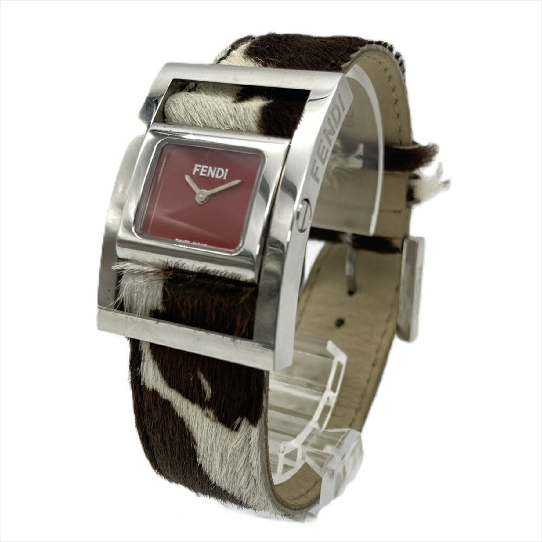 FENDI Gyro Watch Quartz Red Dial Pony Leather Belt