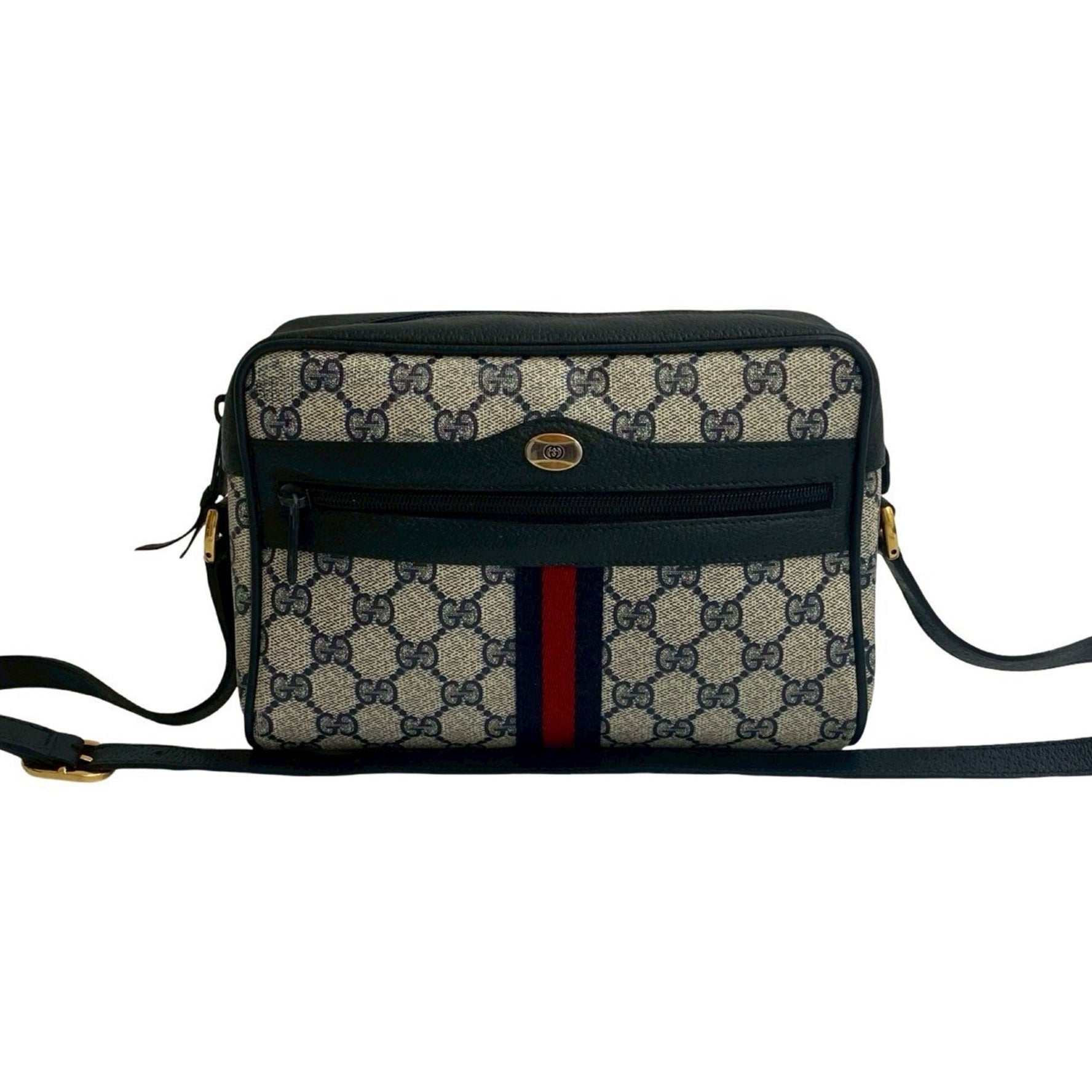 GUCCI Vintage Sherry Line GG Logo Hardware Leather Shoulder Bag/Pochette in Navy Blue