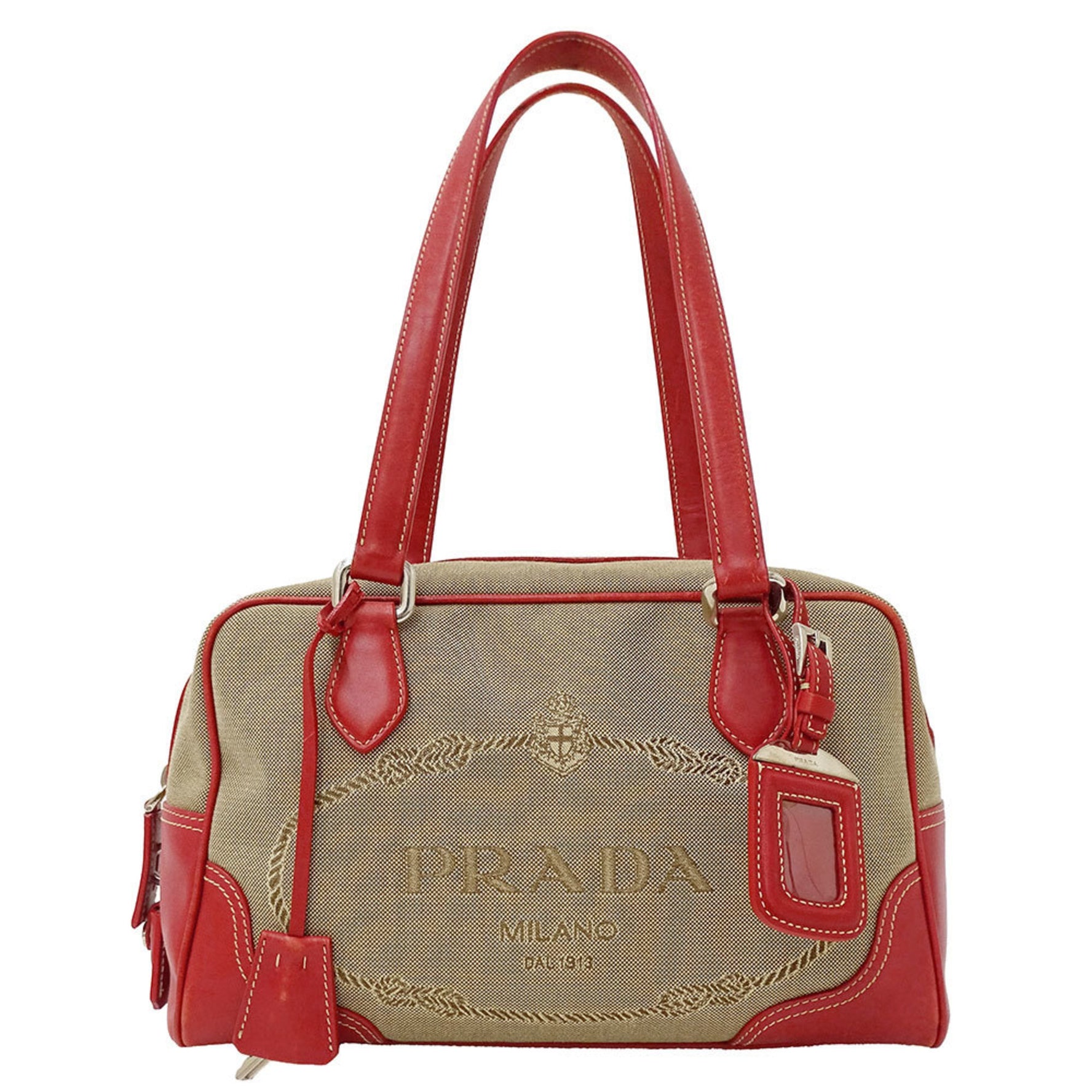 Prada bag brand handbag logo jacquard canvas leather beige red