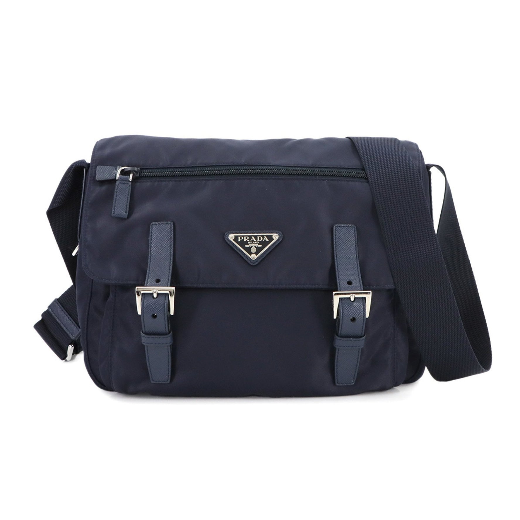 Prada Shoulder Bag, Nylon, Saffiano Leather, Navy Blue with Silver Hardware, 1BD953