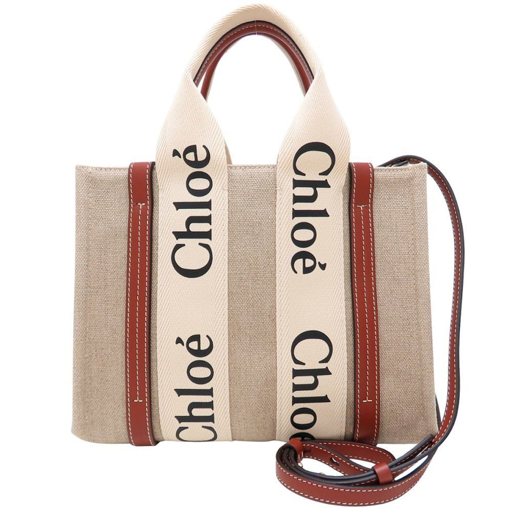 Chloé Chloe Woody Small Tote a two-way handbag in linen and calfskin white brown, product number