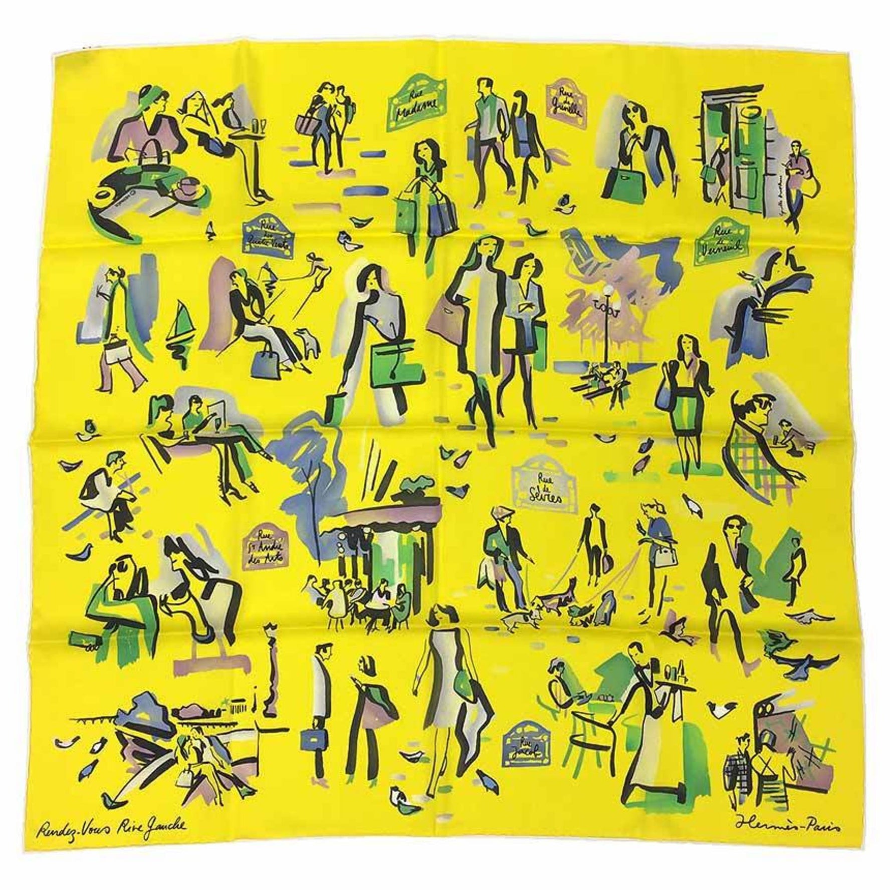 HERMES Scarf Muffler Carre 70 CARRE VINTAGE RENDEZ VOUS RIVE GAUCHE Left Bank Rendezvous 100% Silk Yellow JAUNE CITRON/JADE/PARME