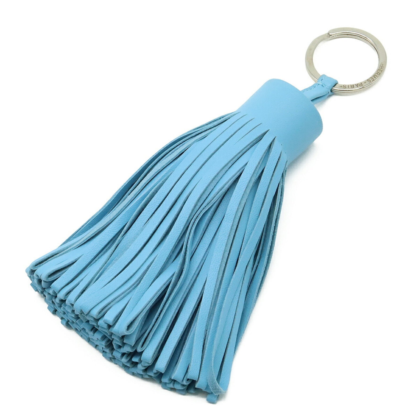 HERMES Carmen Alto Key Ring with Tassel Charm in Anjo Miro Leather and Celeste Light Blue
