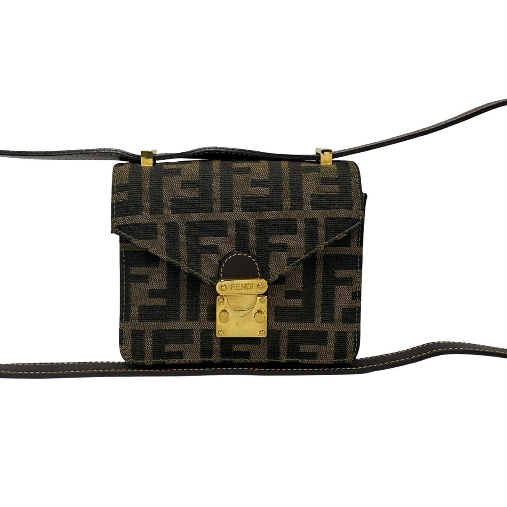 FENDI Zucca FF pattern canvas and leather mini semi-shoulder bag/pouch in black