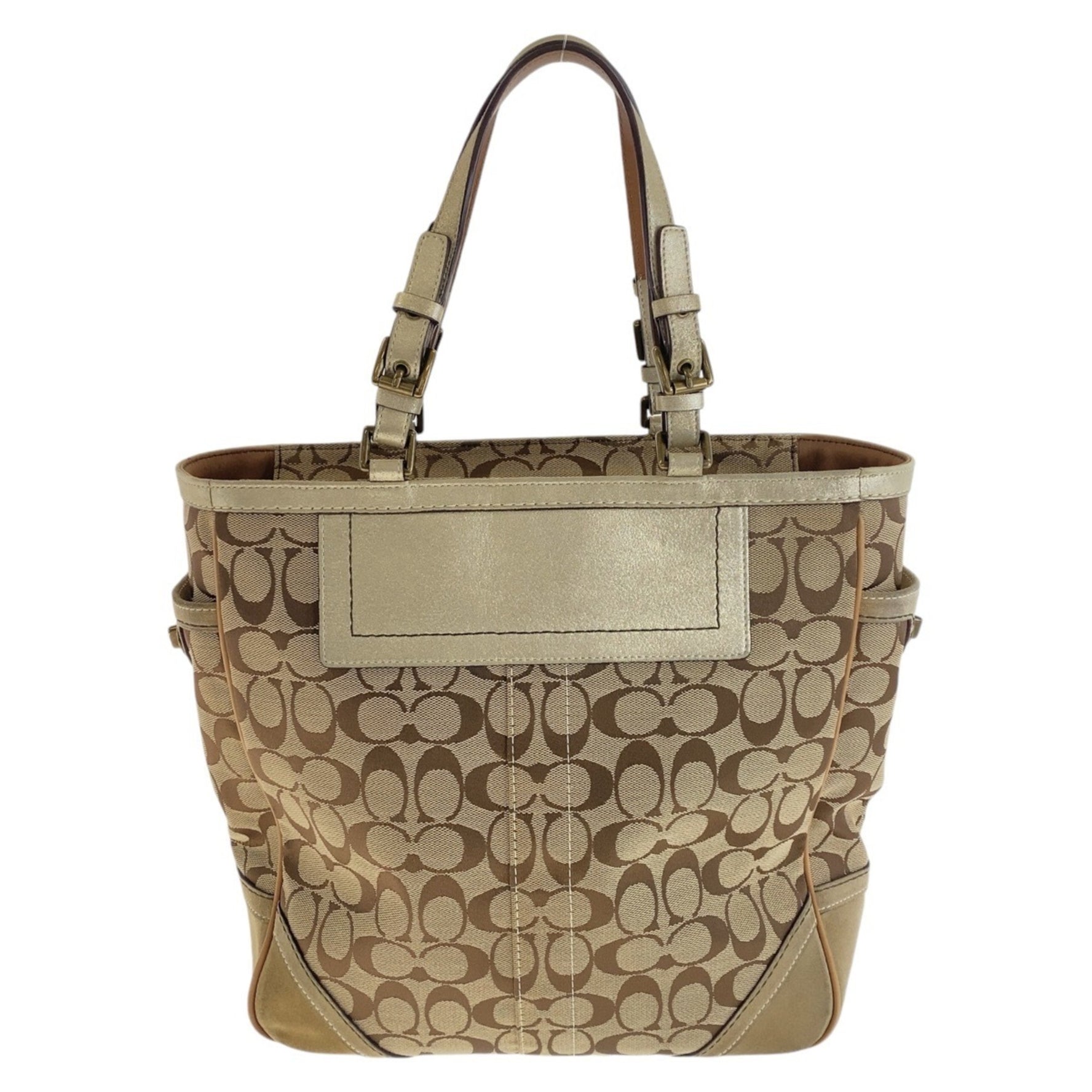 COACH Signature Beige Gold Hardware Canvas Tote Bag Shoulder