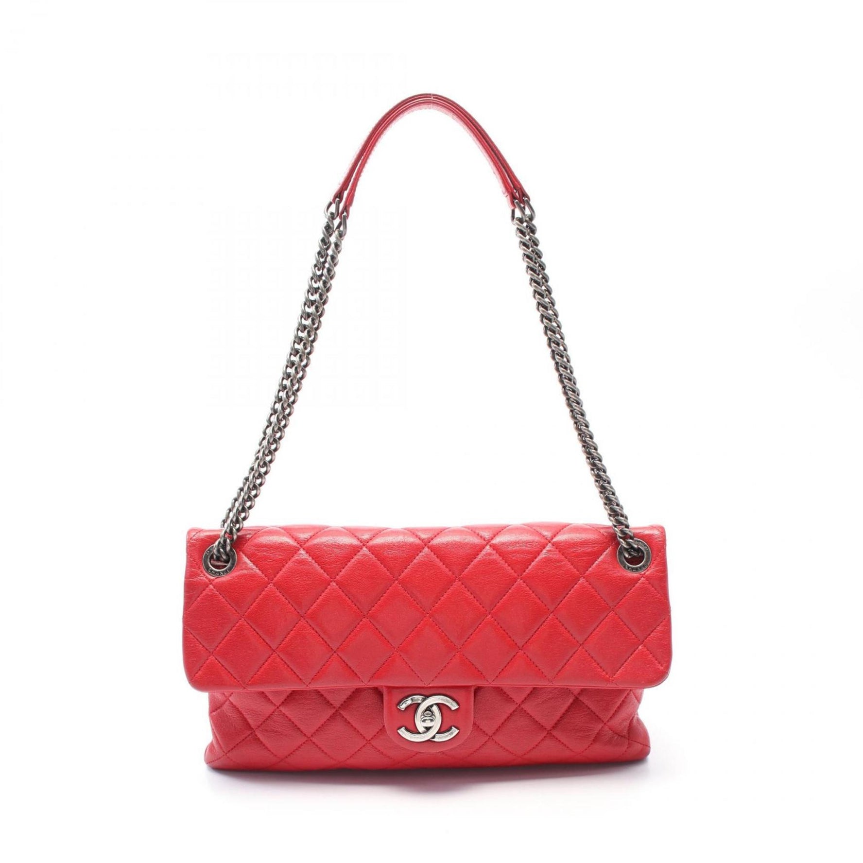 CHANEL Matelasse Single Flap Shoulder Bag Leather Red