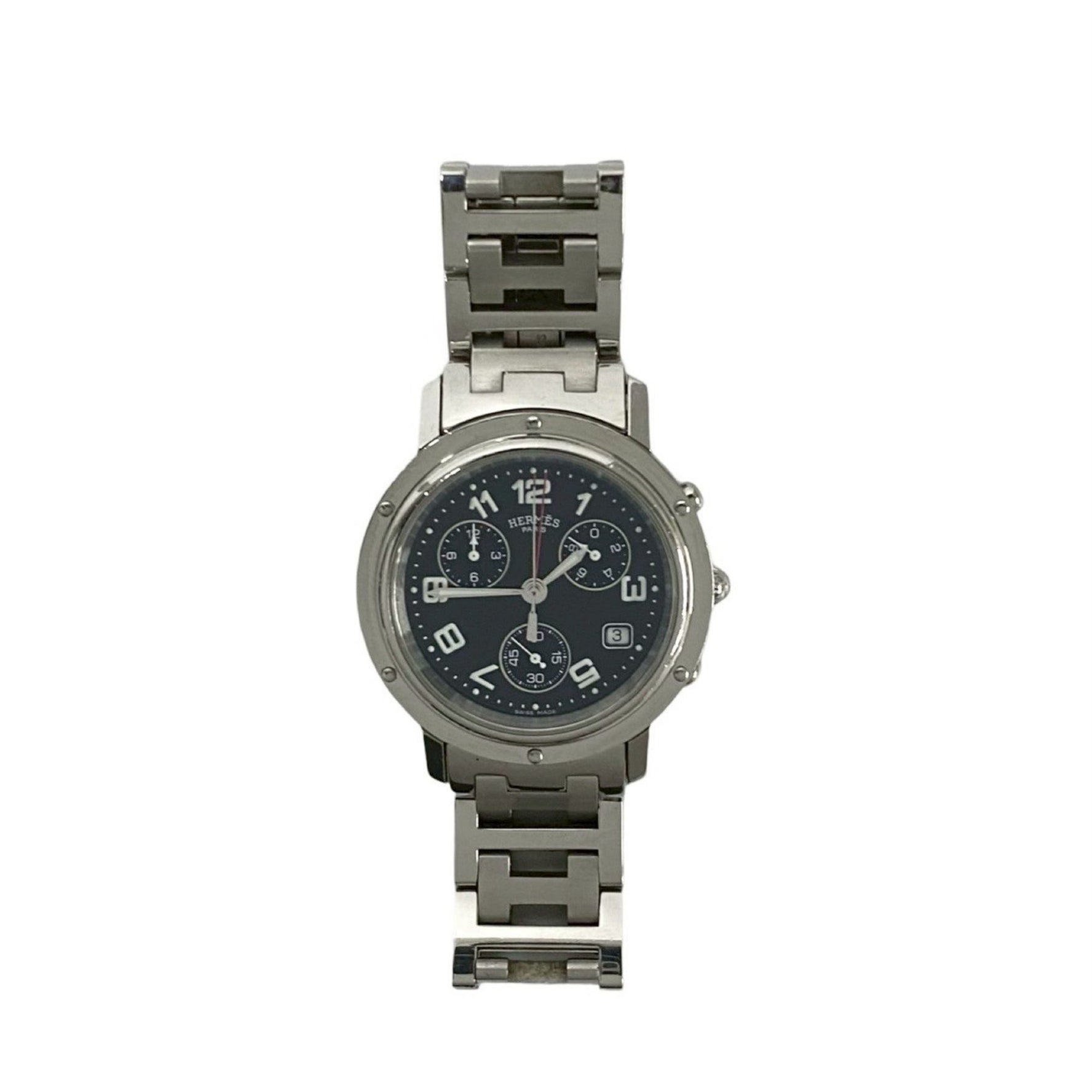 HERMES Clipper Stainless Steel Quartz Watch Silver and Black