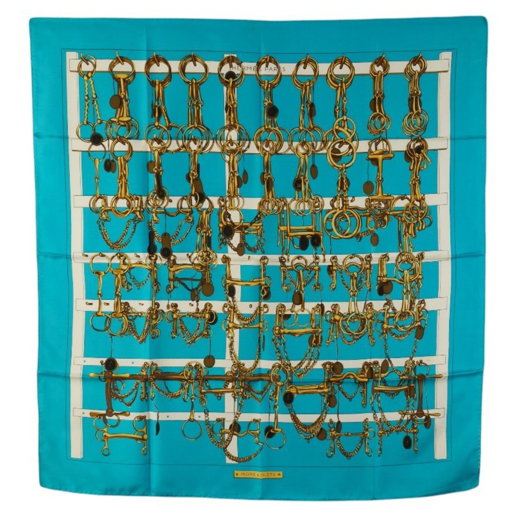 Hermes Carré 90 MORS&FILETS Saddlery and Bits Scarf Muffler Sky Blue Gold Multicolor Silk