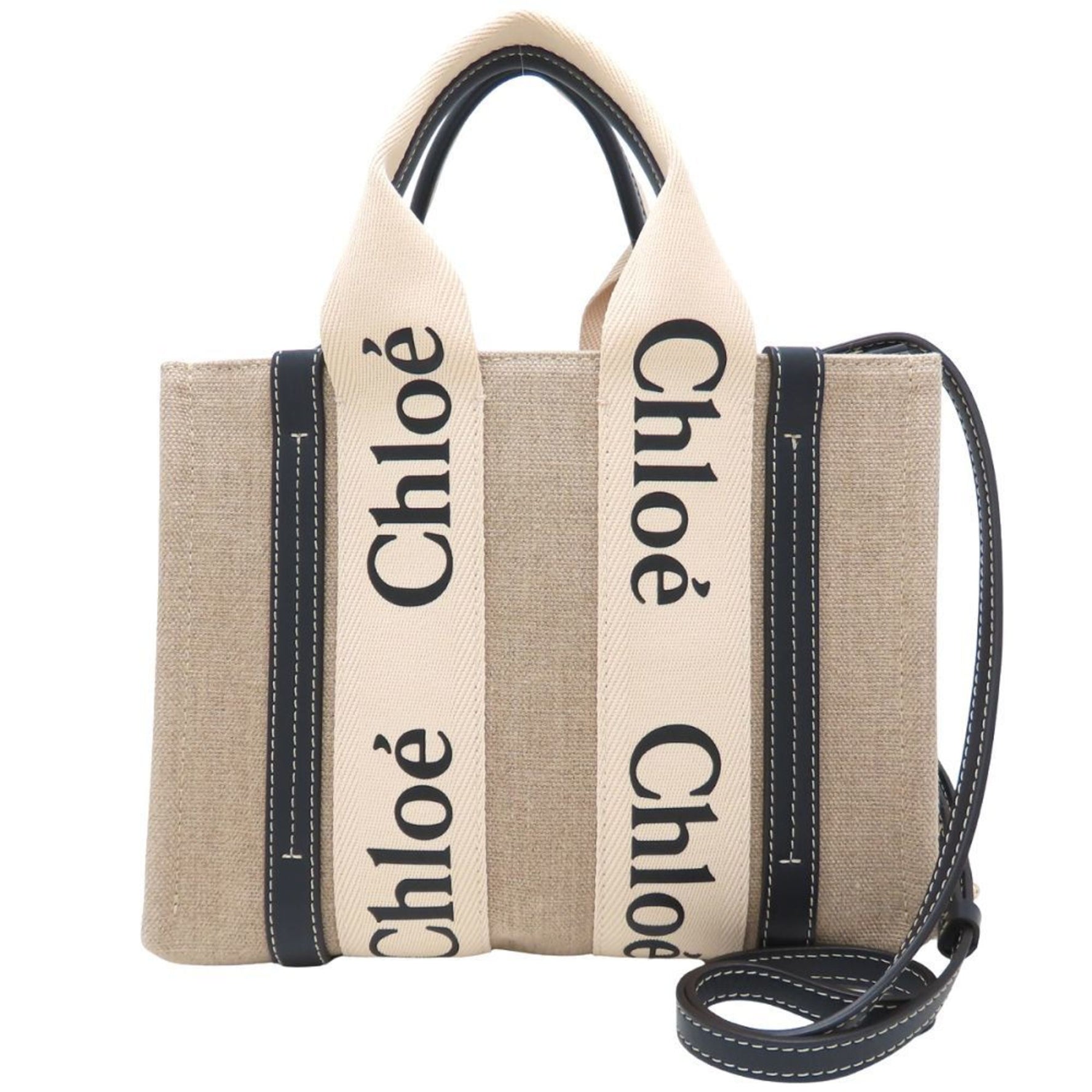 Chloé Chloe Woody Small Tote Handbag in Linen and Calfskin, White Blue