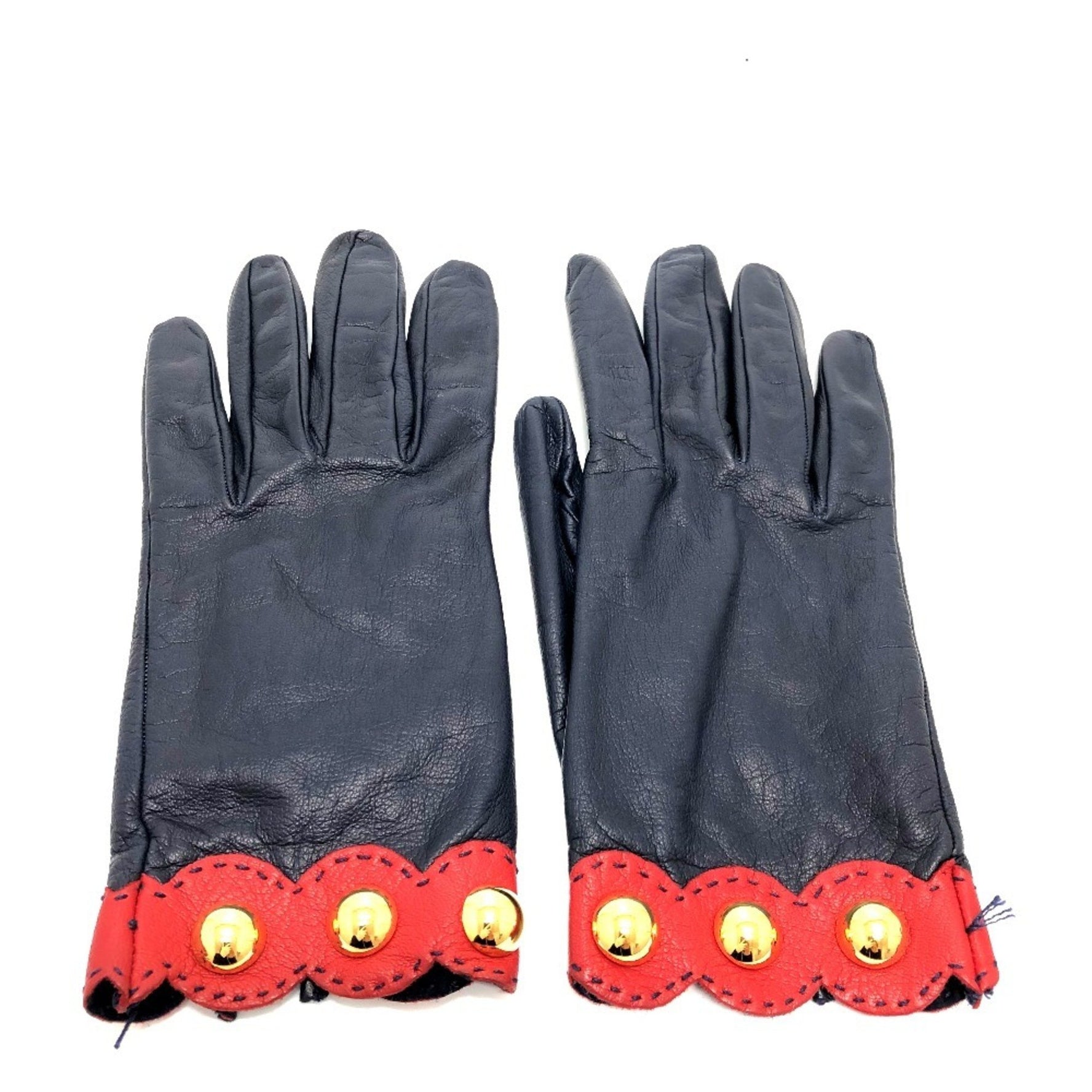 HERMES Apparel Gloves, Leather, Navy/Red, Like New