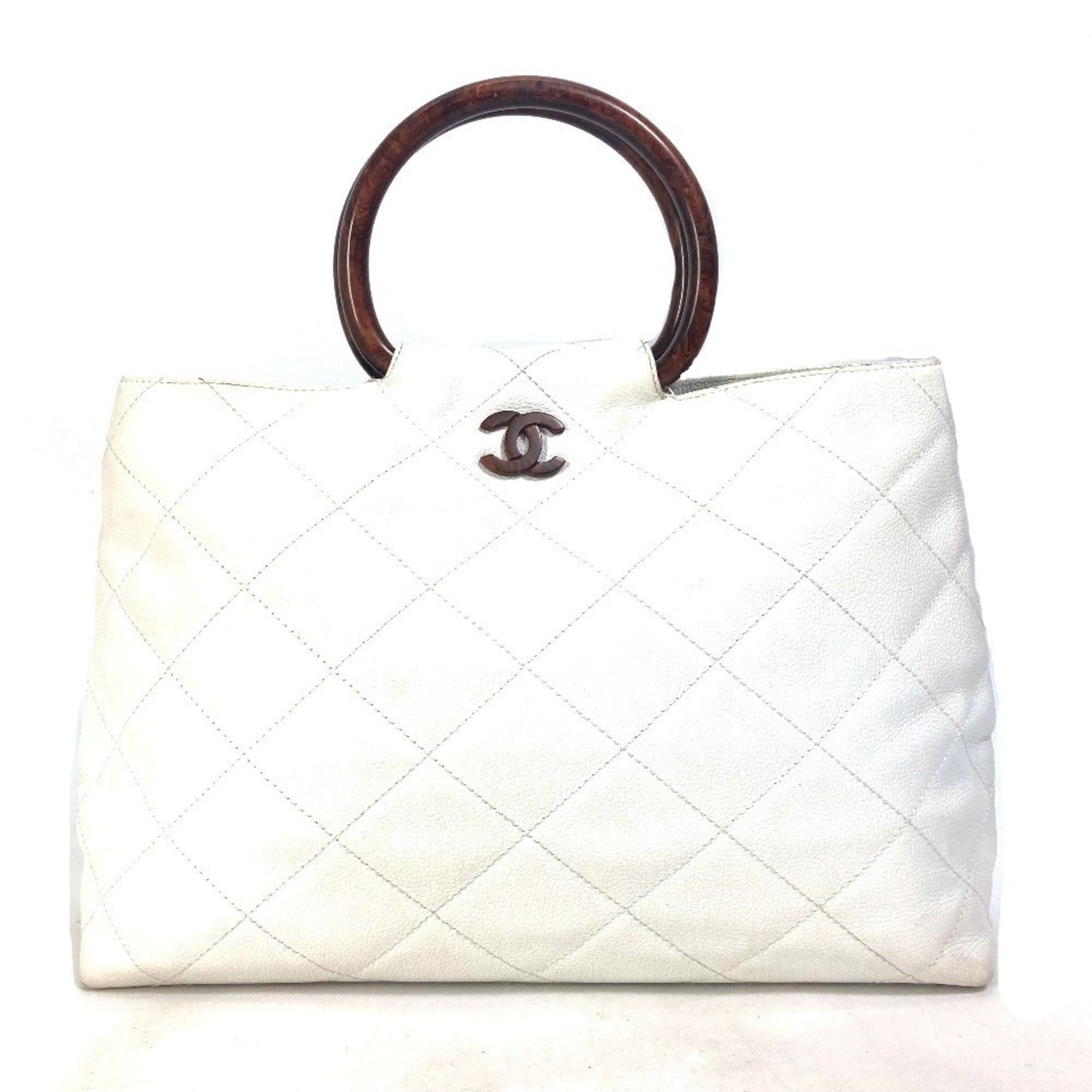 CHANEL Matelasse Quilted CC Coco Mark Wood Handle Tote Bag Handbag in Caviar Skin, White