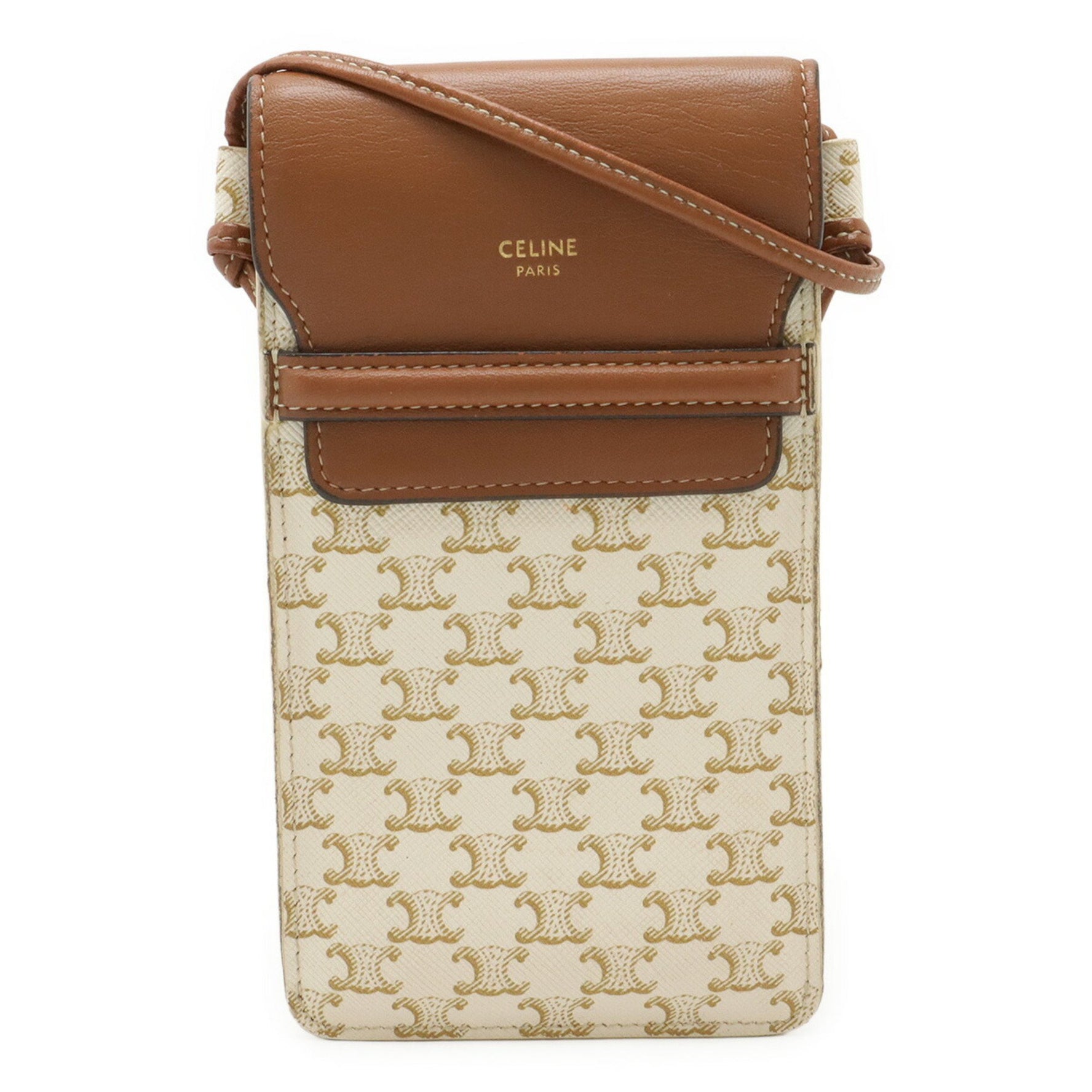 CELINE Triomphe Phone Pouch, Smartphone Case, Shoulder Bag, Pochette, Canvas, Ivory