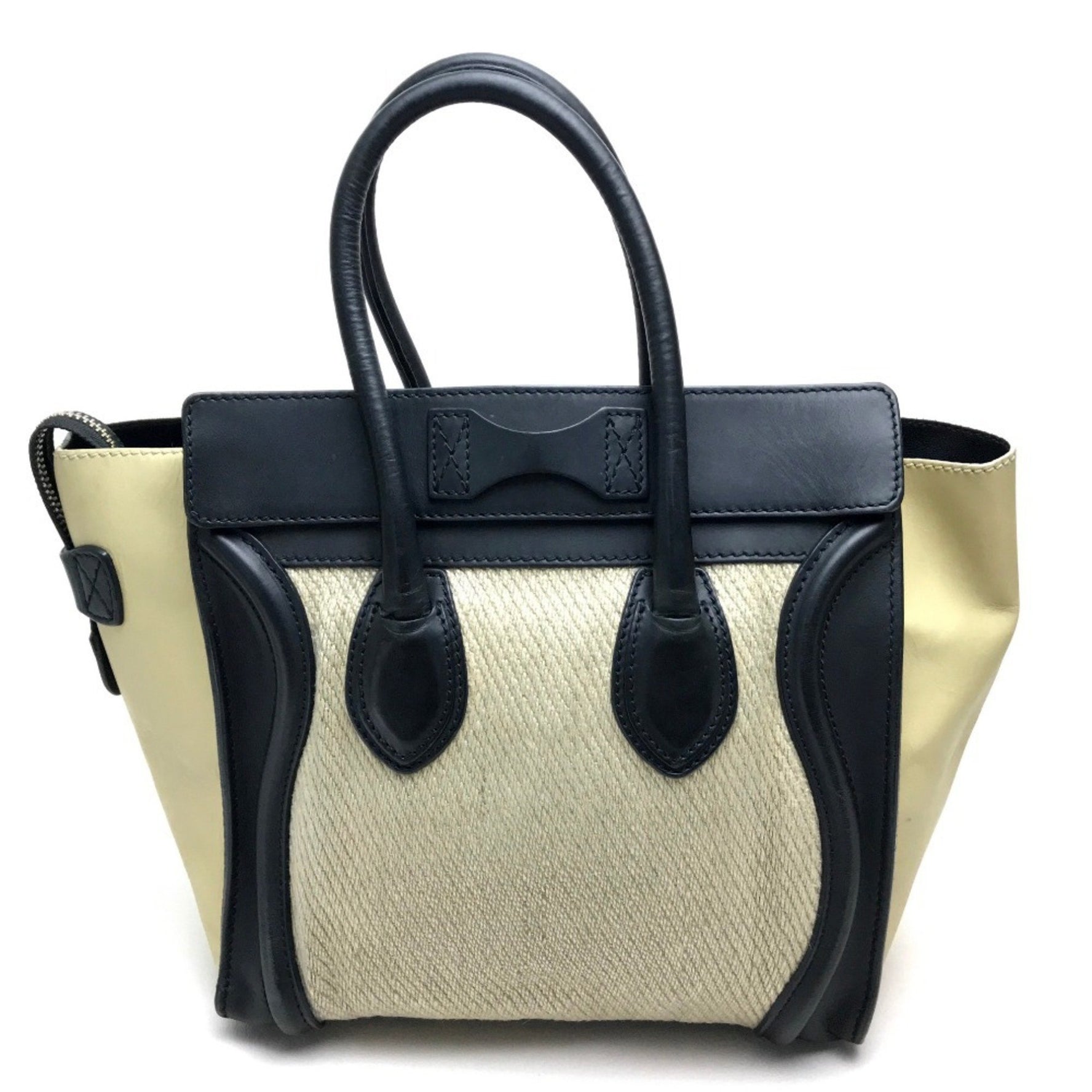CELINE Micro Shopper Luggage Series Tote Bag Leather Linen Beige x Black