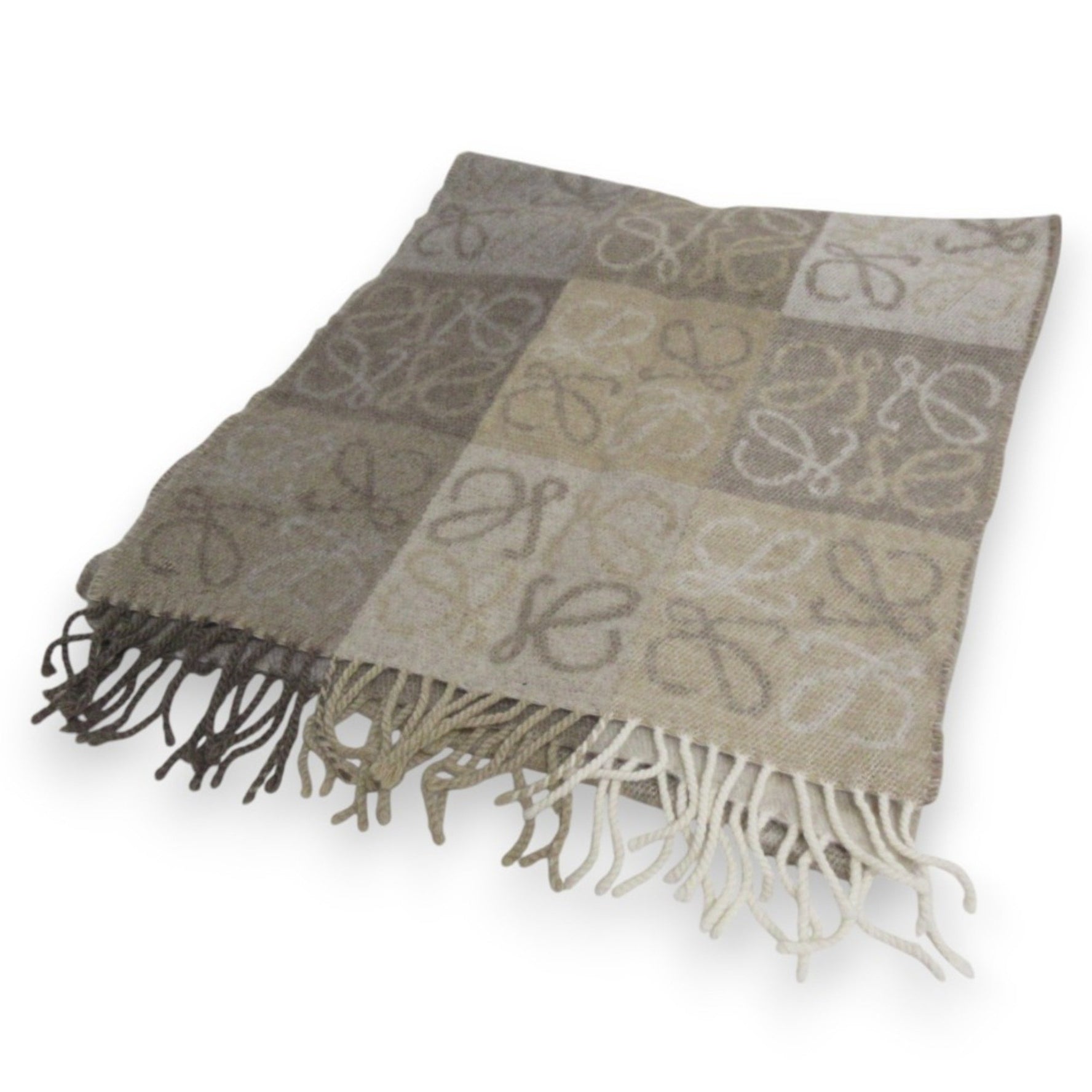 LOEWE Current Model Wool & Cashmere Double Face Anagram Checkerboard Scarf Muffler White Beige