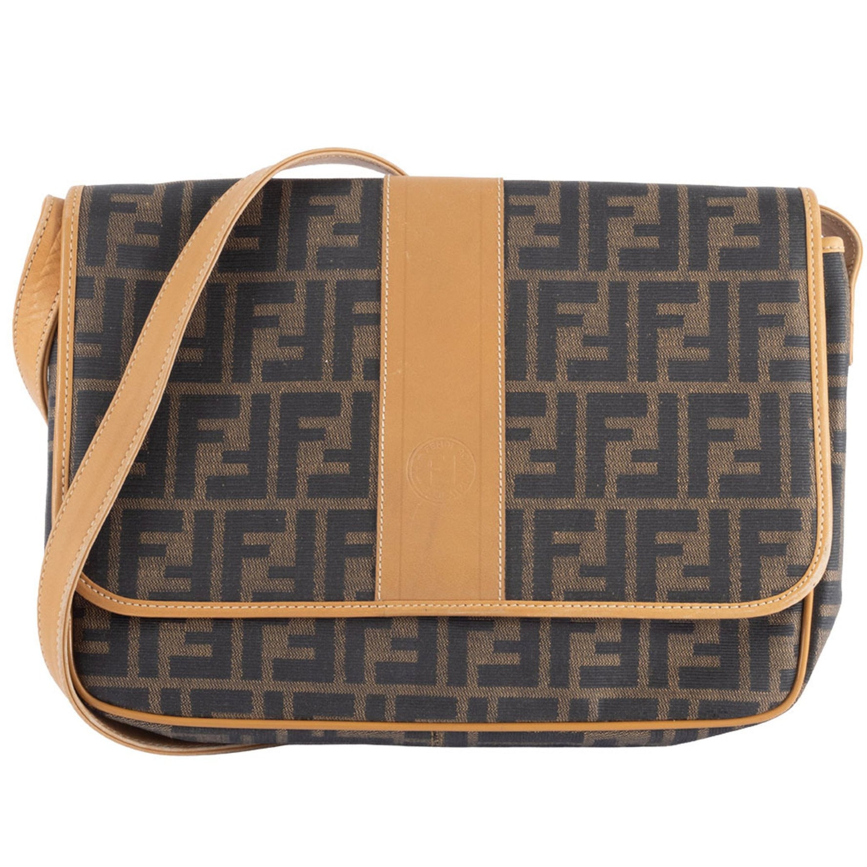 Fendi Zucca Flap Shoulder Bag 170-80028 Canvas/Leather Beige/Brown