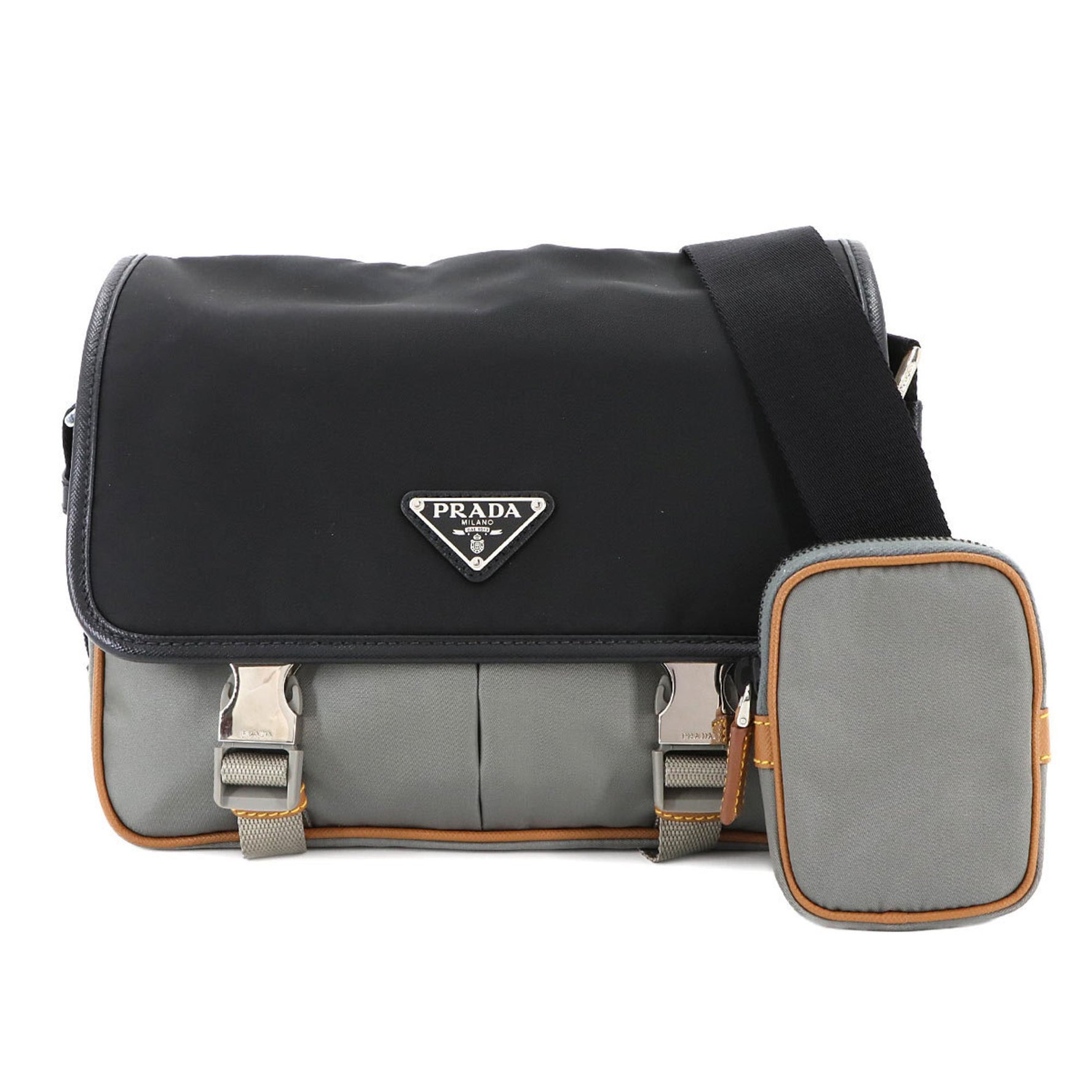 Prada Shoulder Bag in Nylon and Saffiano Leather with Black, Gray, Brown, Silver Hardware (2VD769)