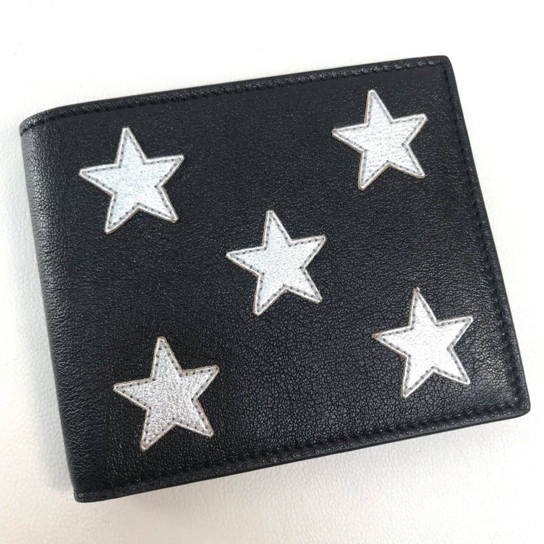 Saint Laurent Paris Star Patchwork Bi-fold Wallet Leather Black x Silver