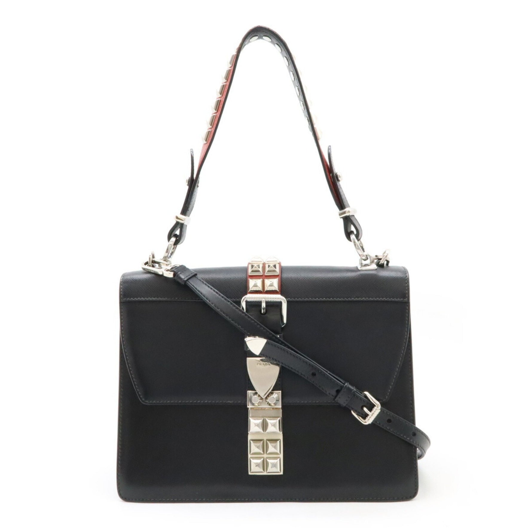 PRADA Studded Tote Bag Shoulder Saffiano Leather NERO Black Purchased at an overseas boutique