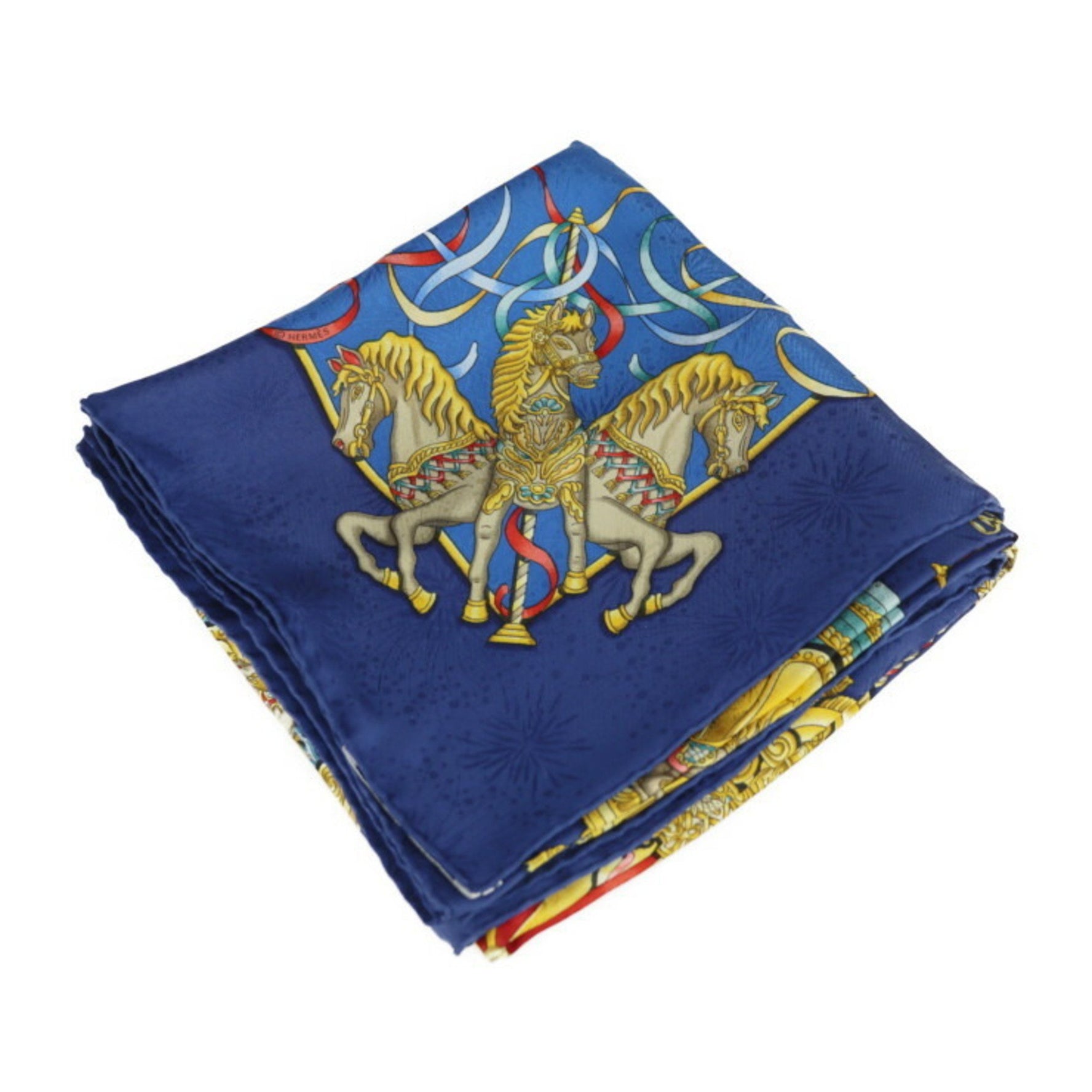 HERMES LUNA PARK Amusement Park Carre 90 Scarf/Muffler Silk Blue Multicolor Merry-go-round