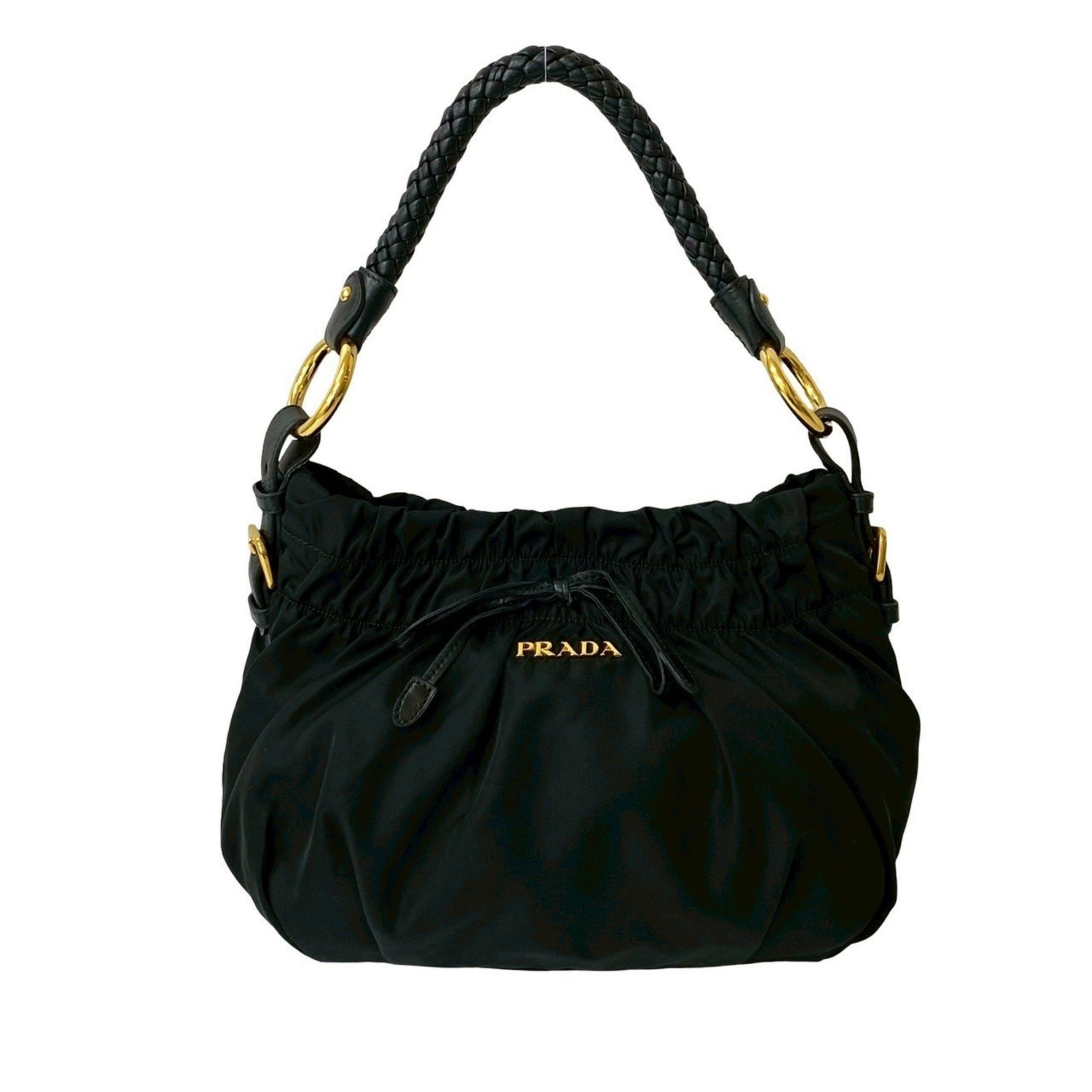 PRADA logo hardware ribbon motif gathered leather and nylon semi-shoulder bag handbag