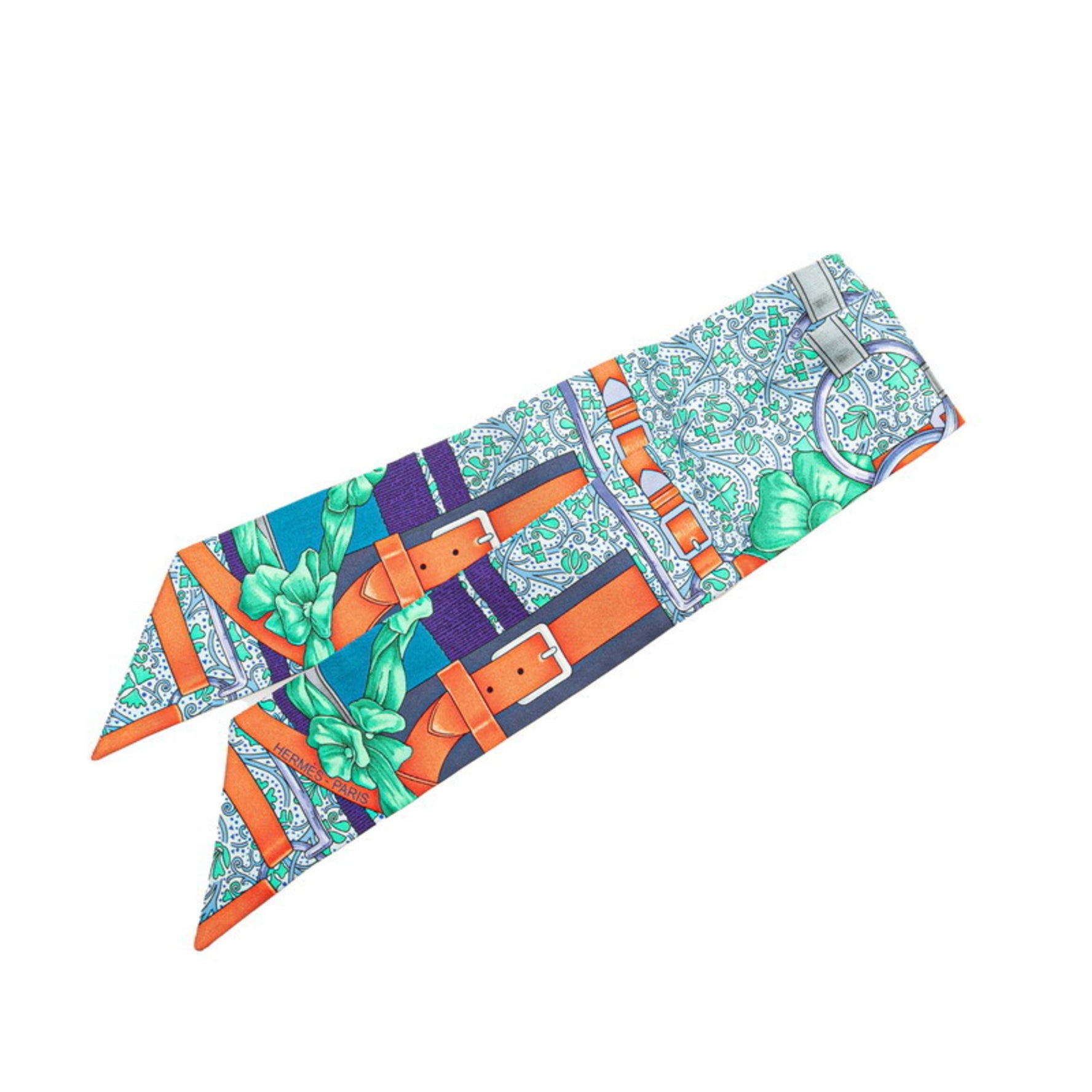 Hermes Twilly GRAND MANAGE Scarf Muffler Light Blue Red Multicolor Silk