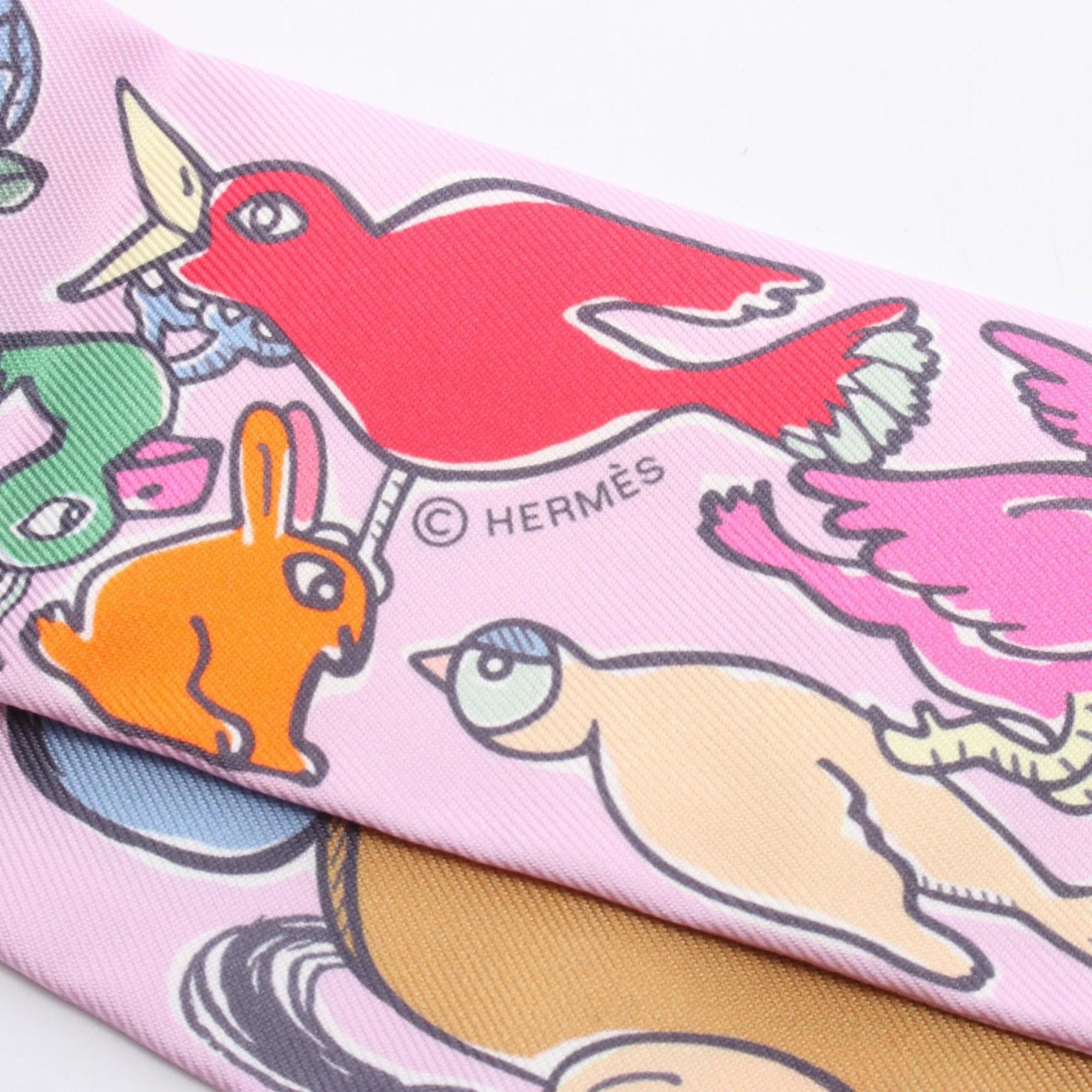 Hermes Hermès Twilly "MILLE ET UN LAPINS" Silk Scarf in Multicolored Pink