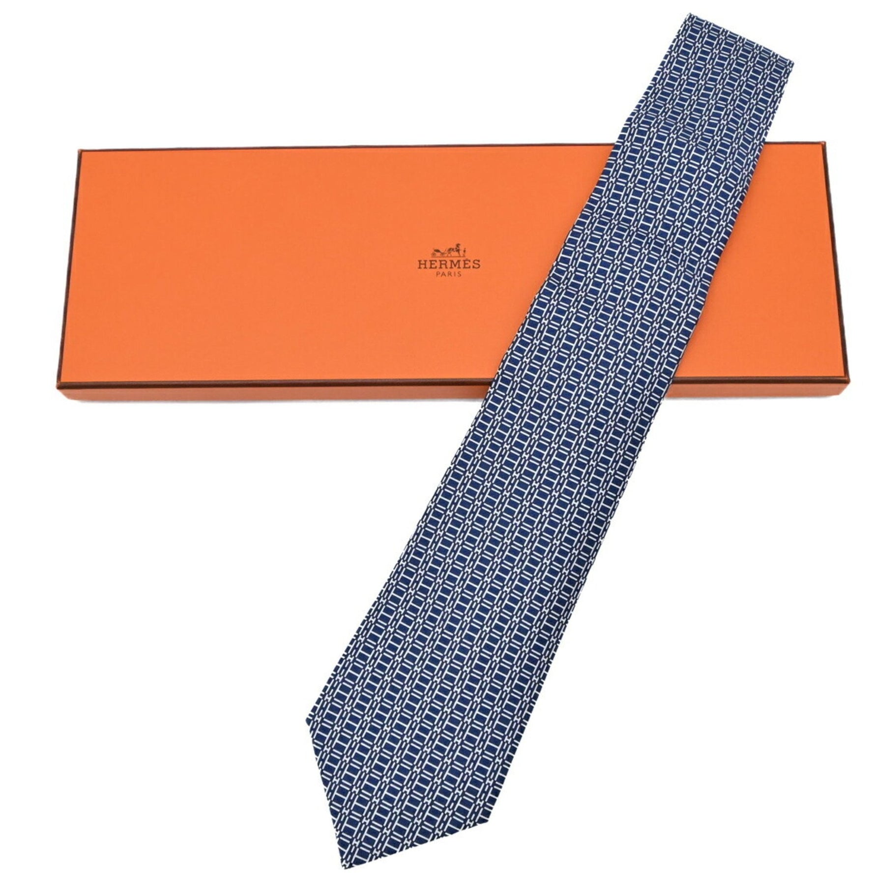 HERMES Necktie H Pattern 100% Silk Blue