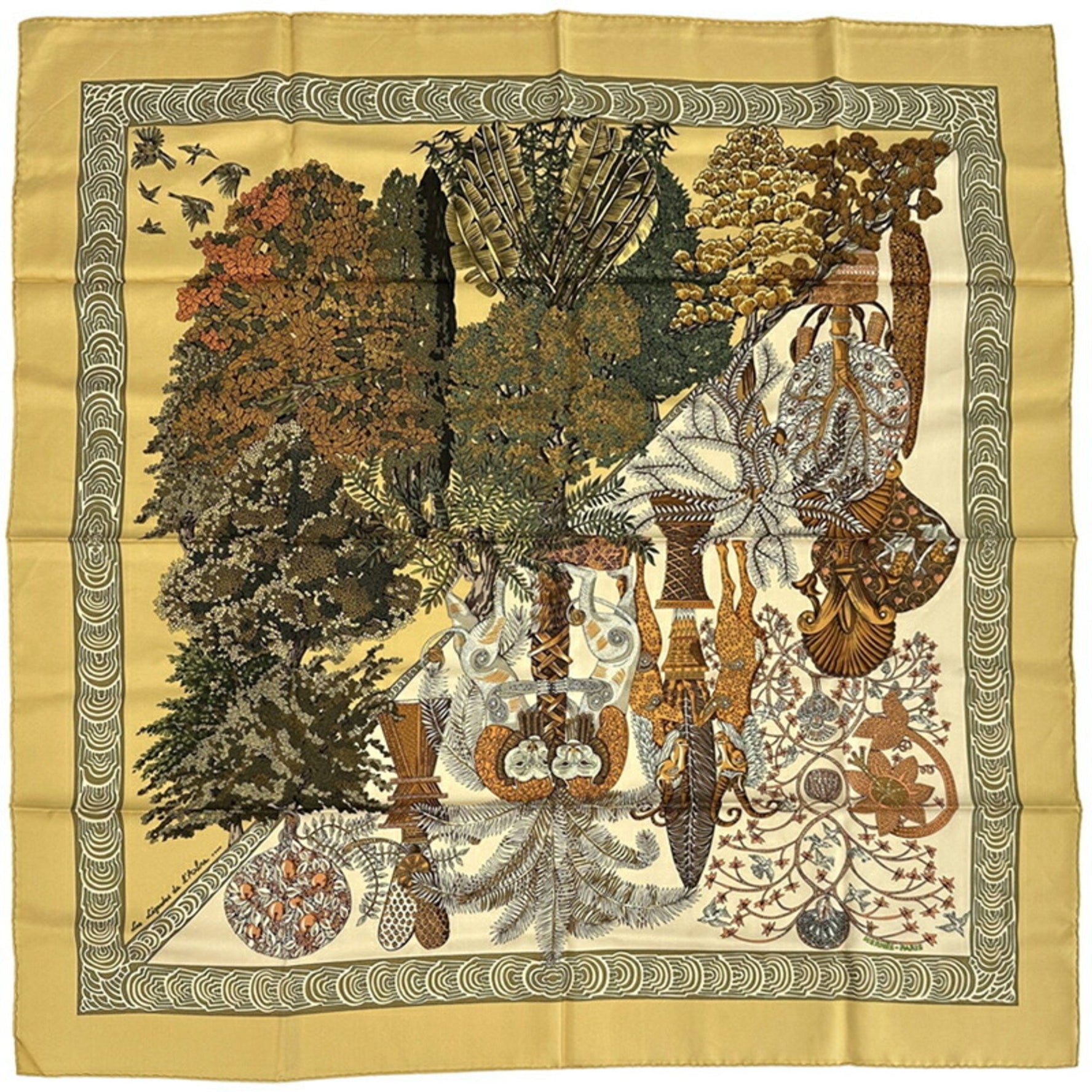 Hermes Hermès Carré 90 Scarf "Les Legendes de L'Arbre" (The Legends of Trees) Silk Beige Multicolor Yellow Animal Plant Design