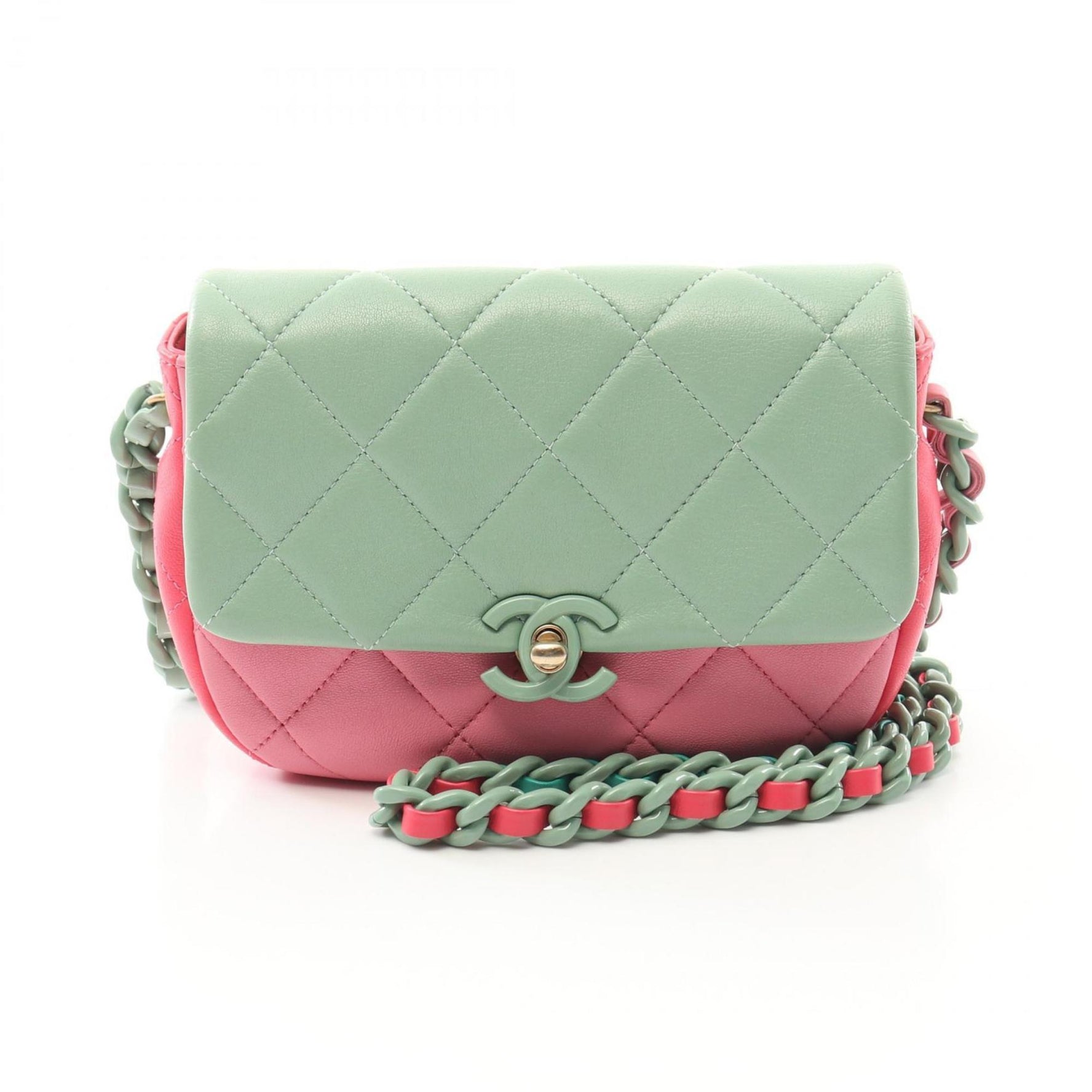 CHANEL Matelasse Shoulder Bag Leather Green Pink Multicolor