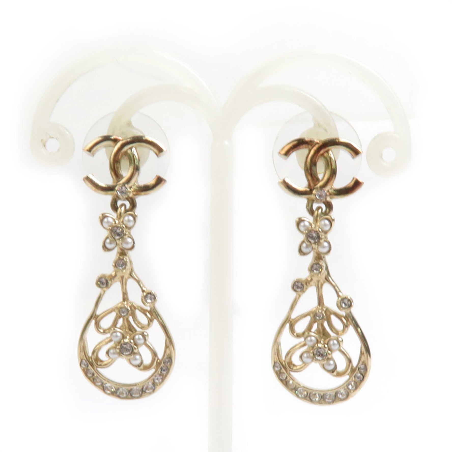 CHANEL Coco Mark Metal Rhinestone Gold Silver Earrings