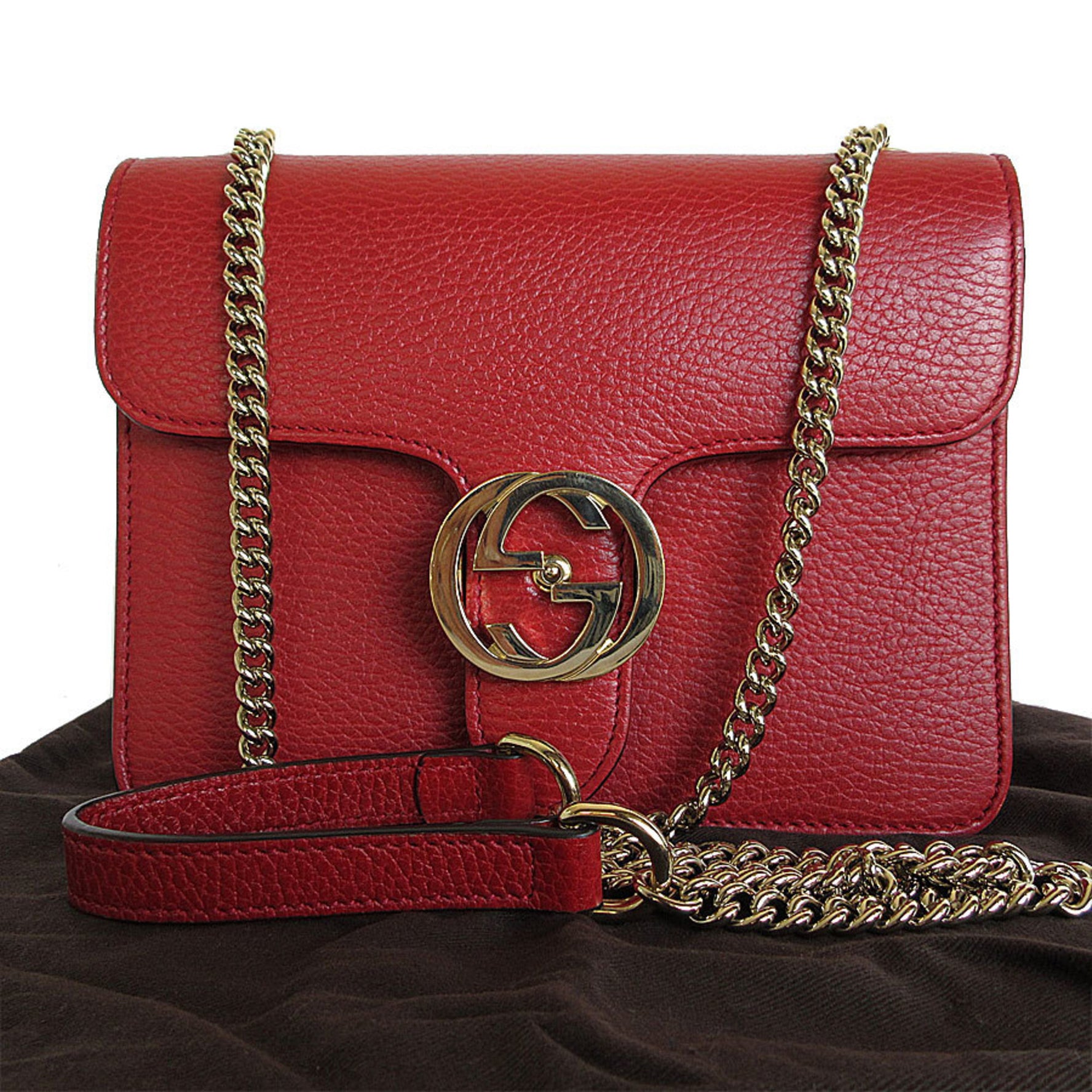 GUCCI Shoulder Bag Interlocking G Leather Metal Red Light Gold