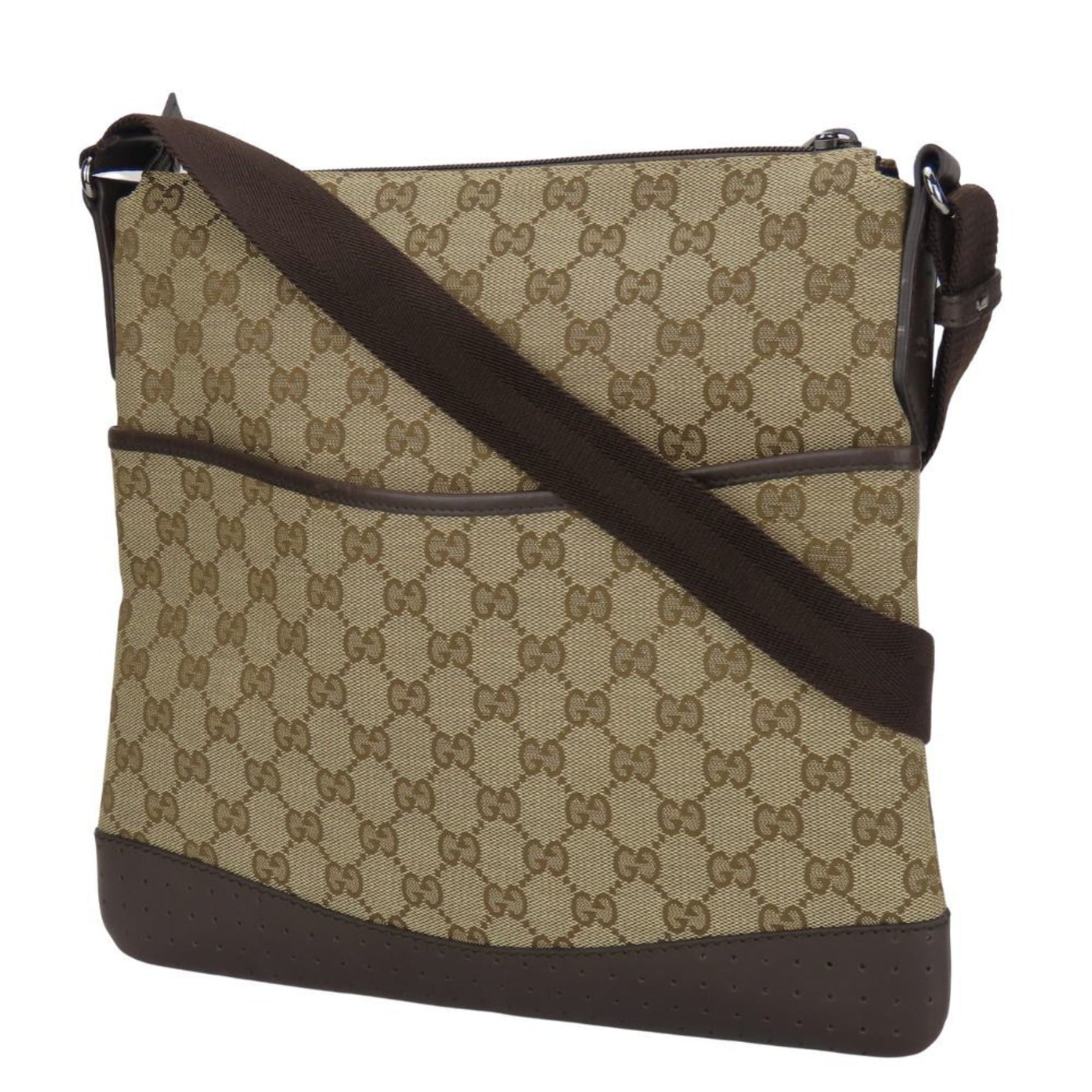 Gucci Shoulder Bag GG Canvas Leather Beige Dark Brown